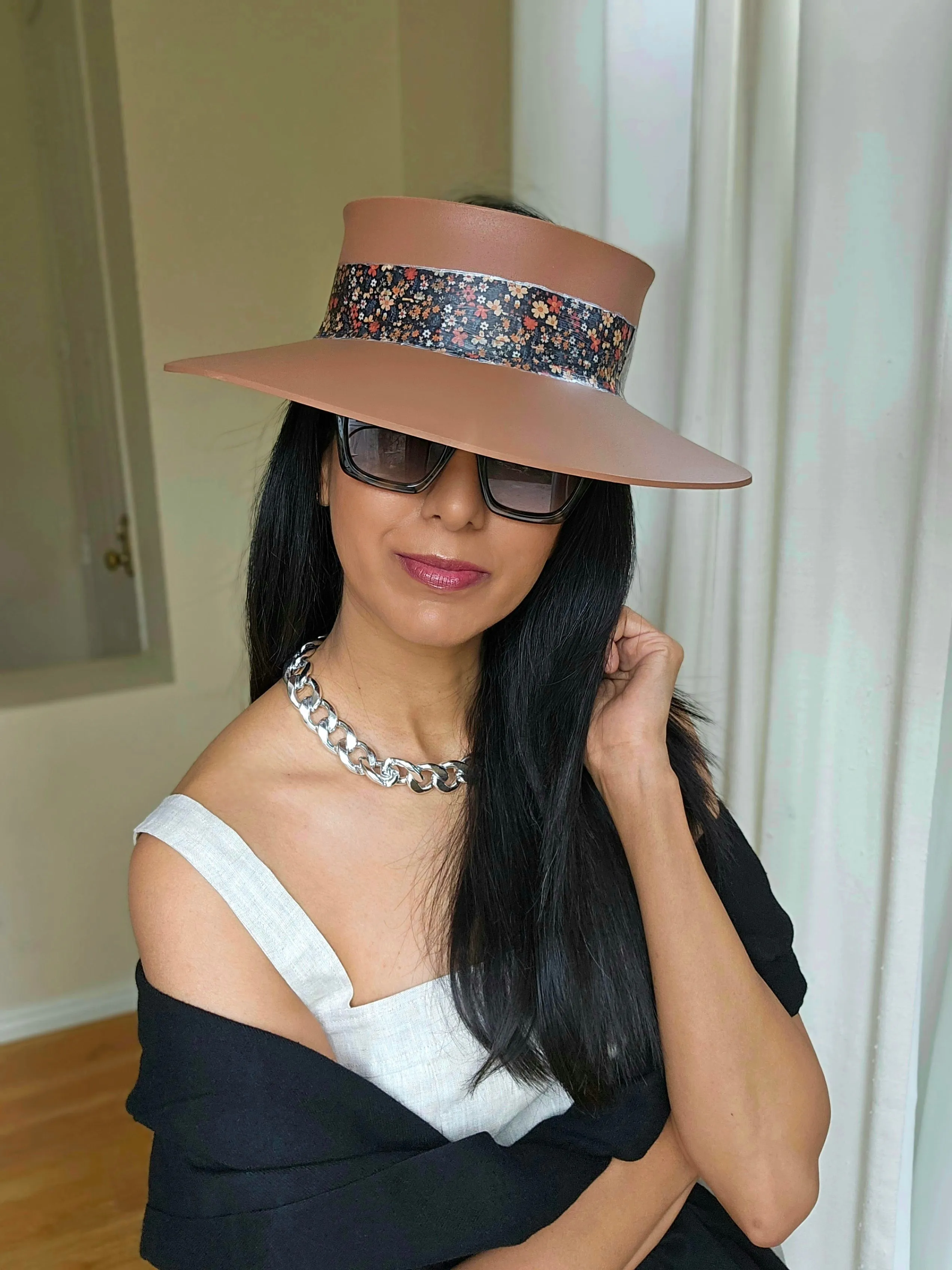 Tall Brown "LadyEVA" Visor Hat with Black Multicolored Floral Band