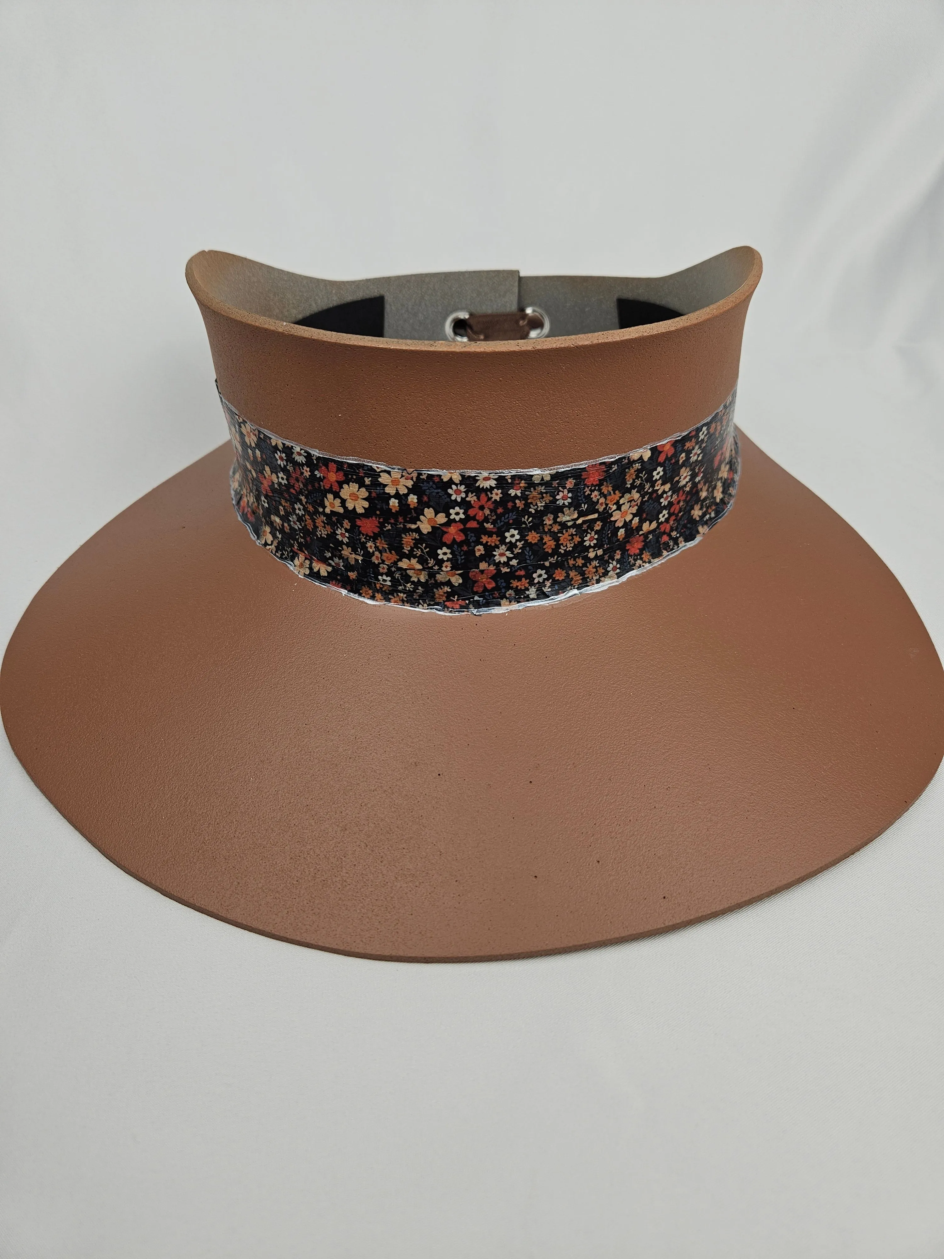 Tall Brown "LadyEVA" Visor Hat with Black Multicolored Floral Band