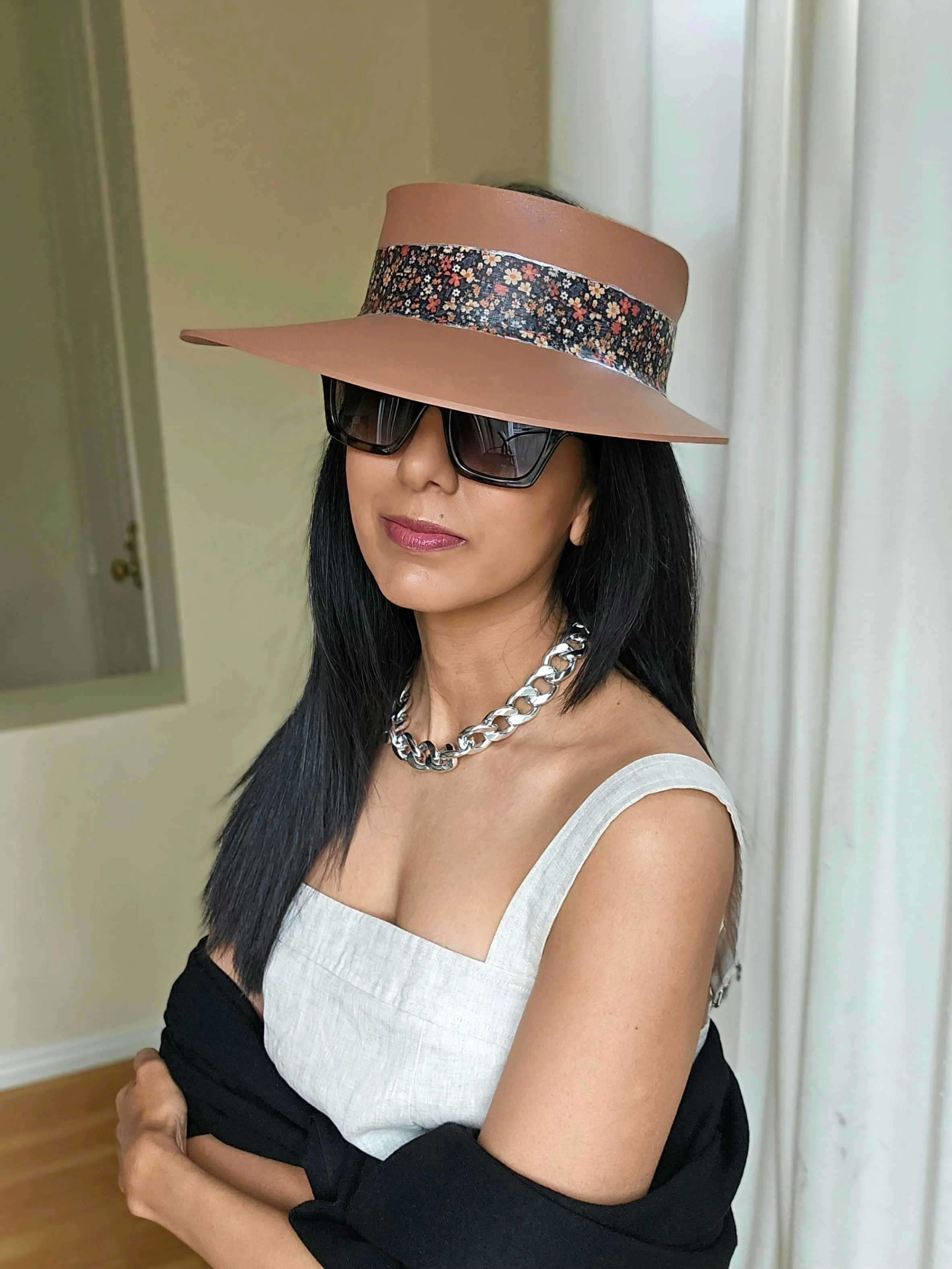 Tall Brown "LadyEVA" Visor Hat with Black Multicolored Floral Band