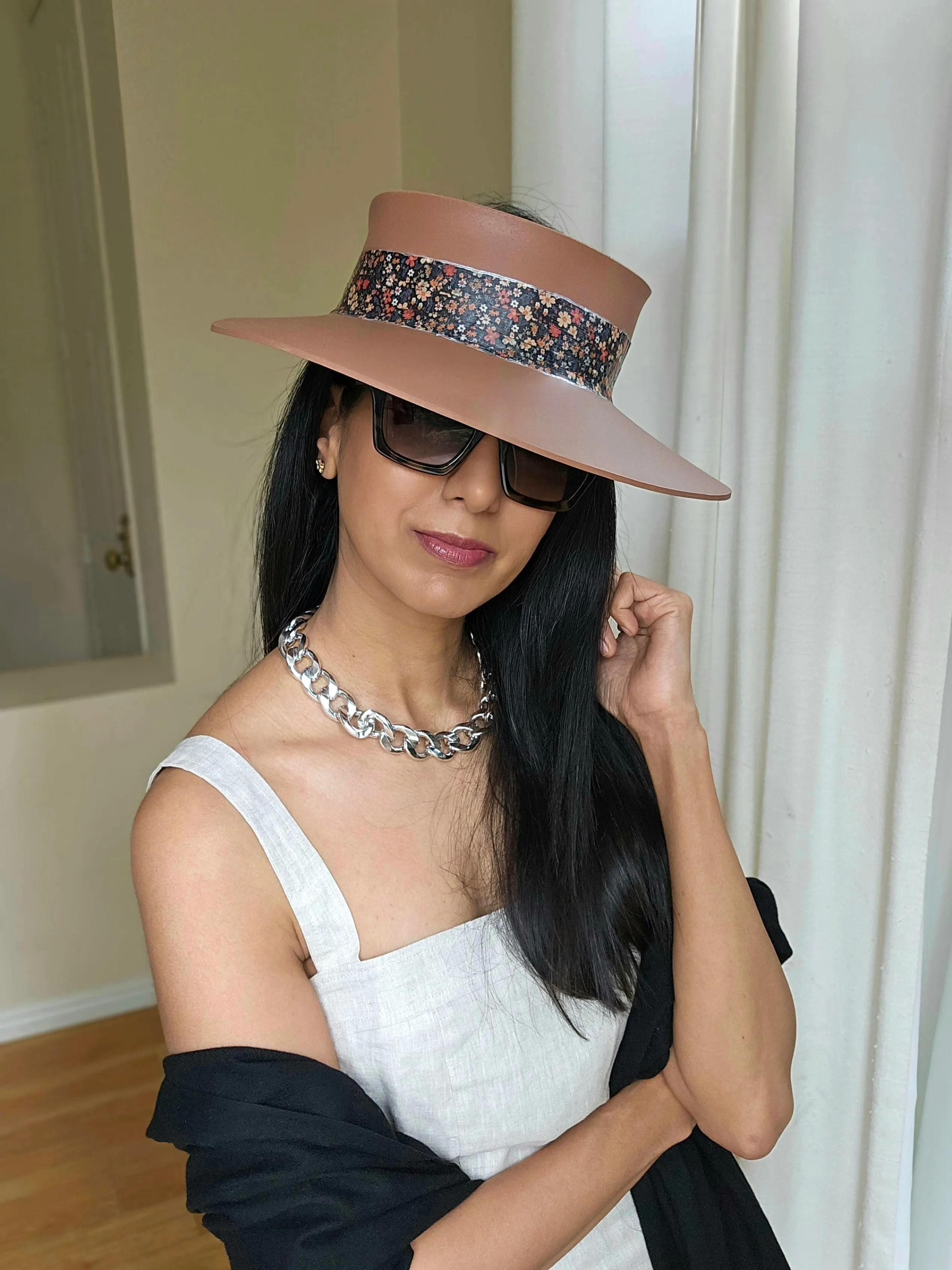 Tall Brown "LadyEVA" Visor Hat with Black Multicolored Floral Band