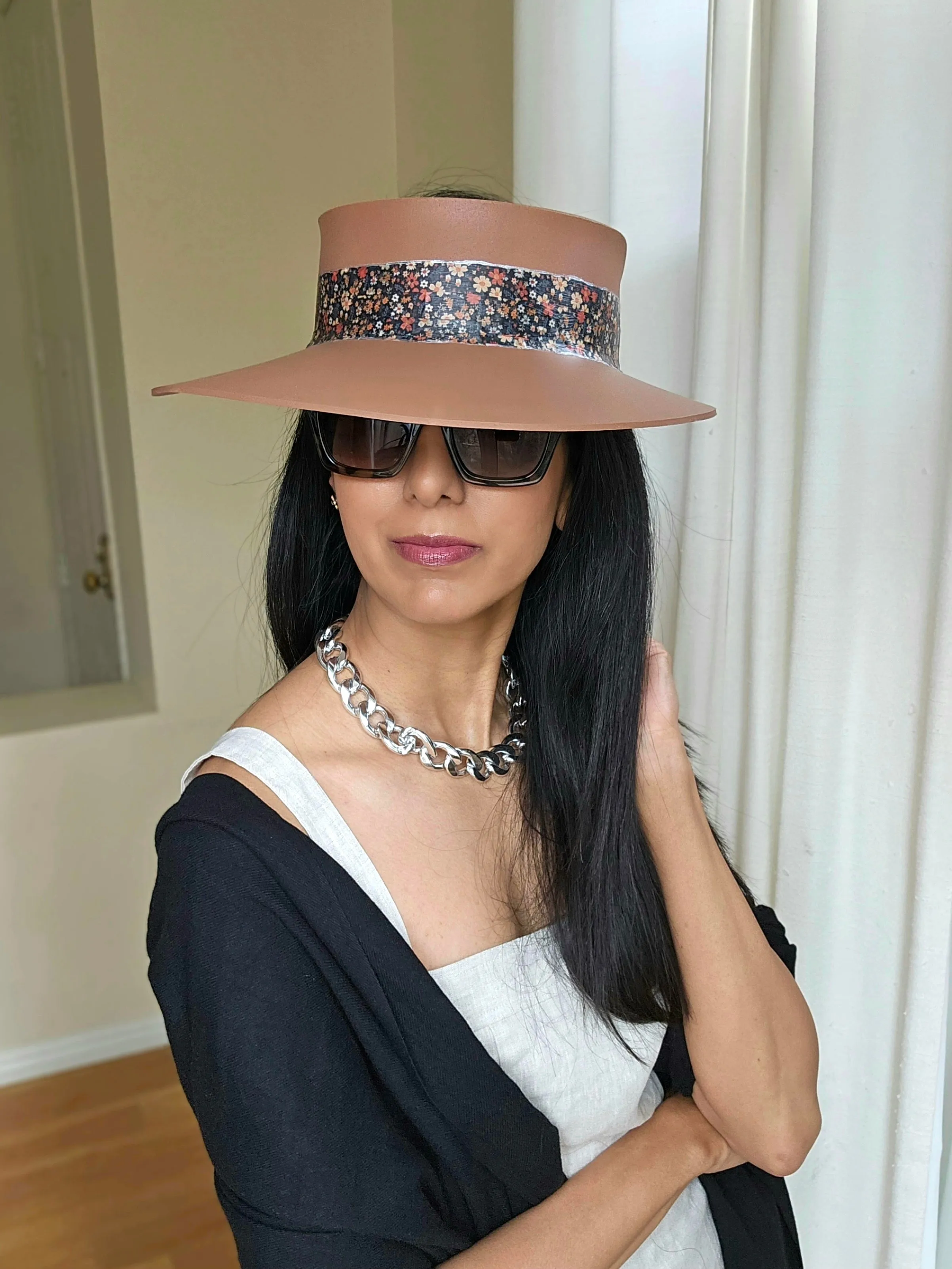 Tall Brown "LadyEVA" Visor Hat with Black Multicolored Floral Band