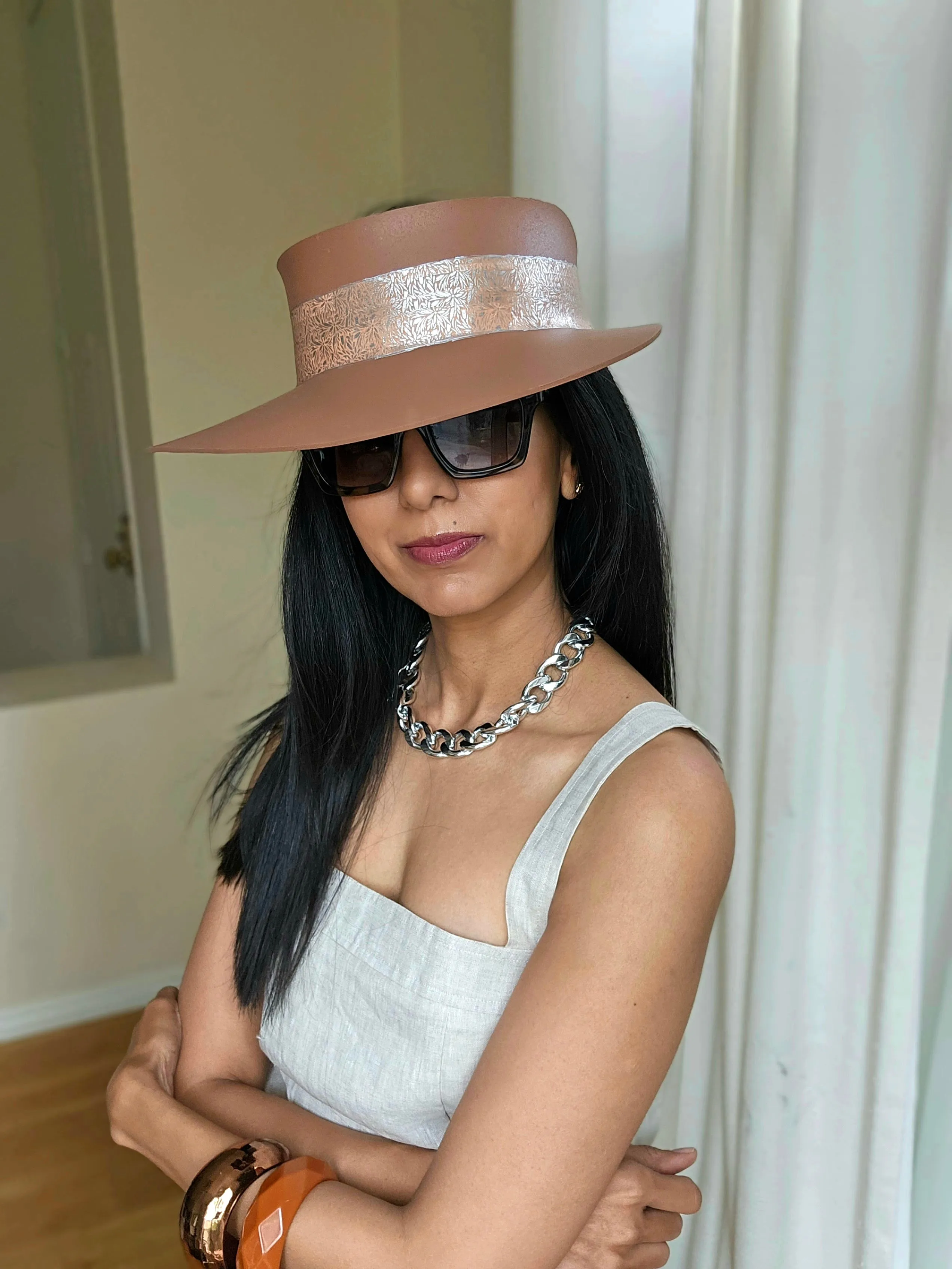 Tall Brown "LadyEVA" Visor Hat with Lovely Silver Graphic Band