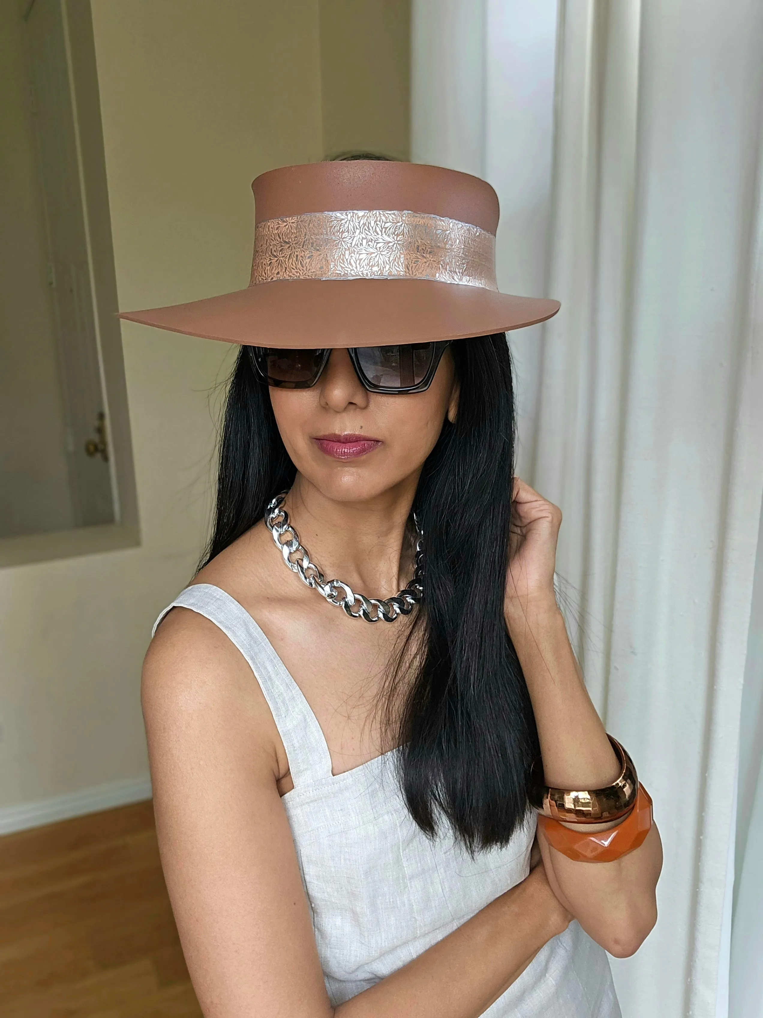 Tall Brown "LadyEVA" Visor Hat with Lovely Silver Graphic Band