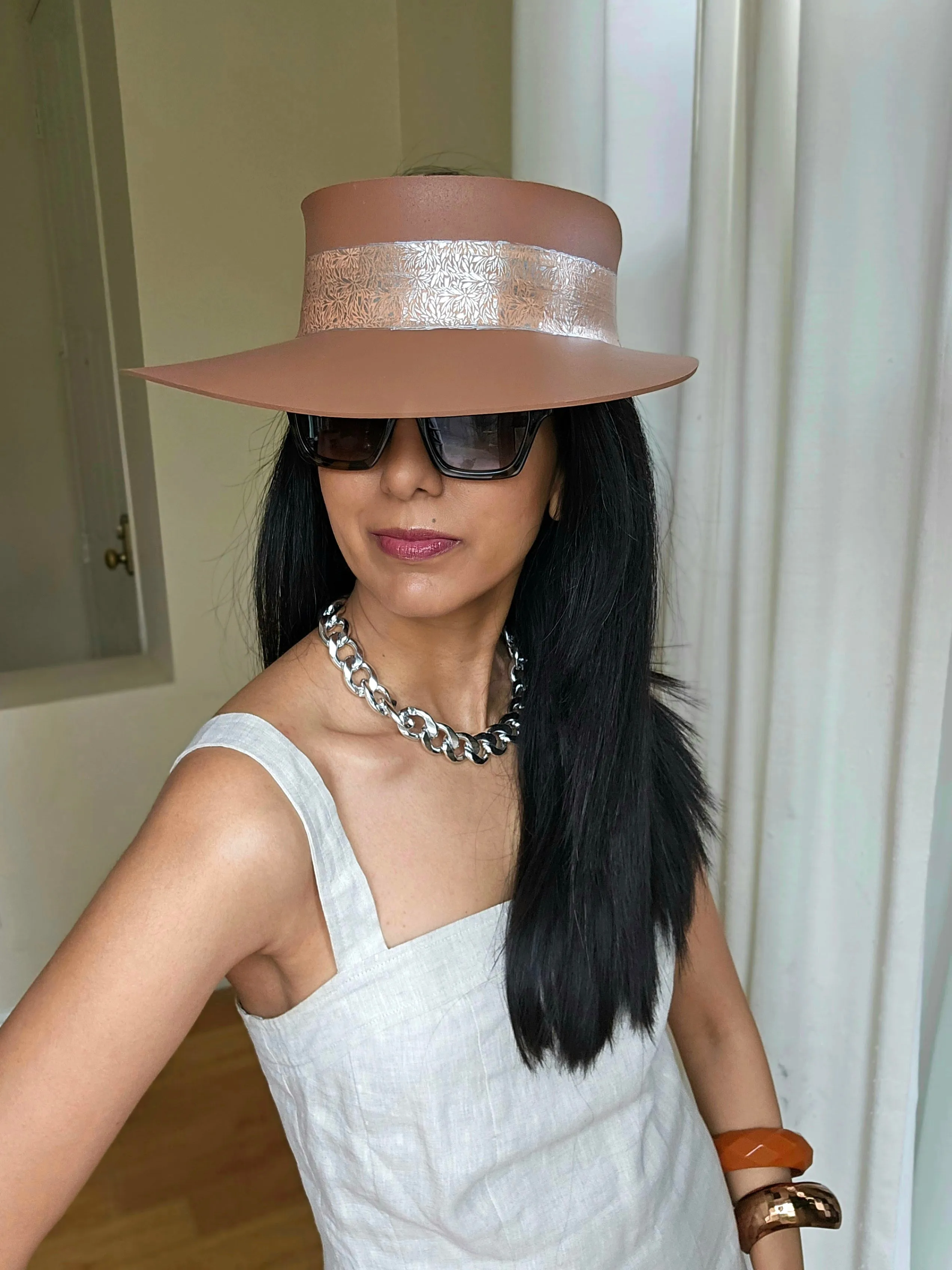 Tall Brown "LadyEVA" Visor Hat with Lovely Silver Graphic Band