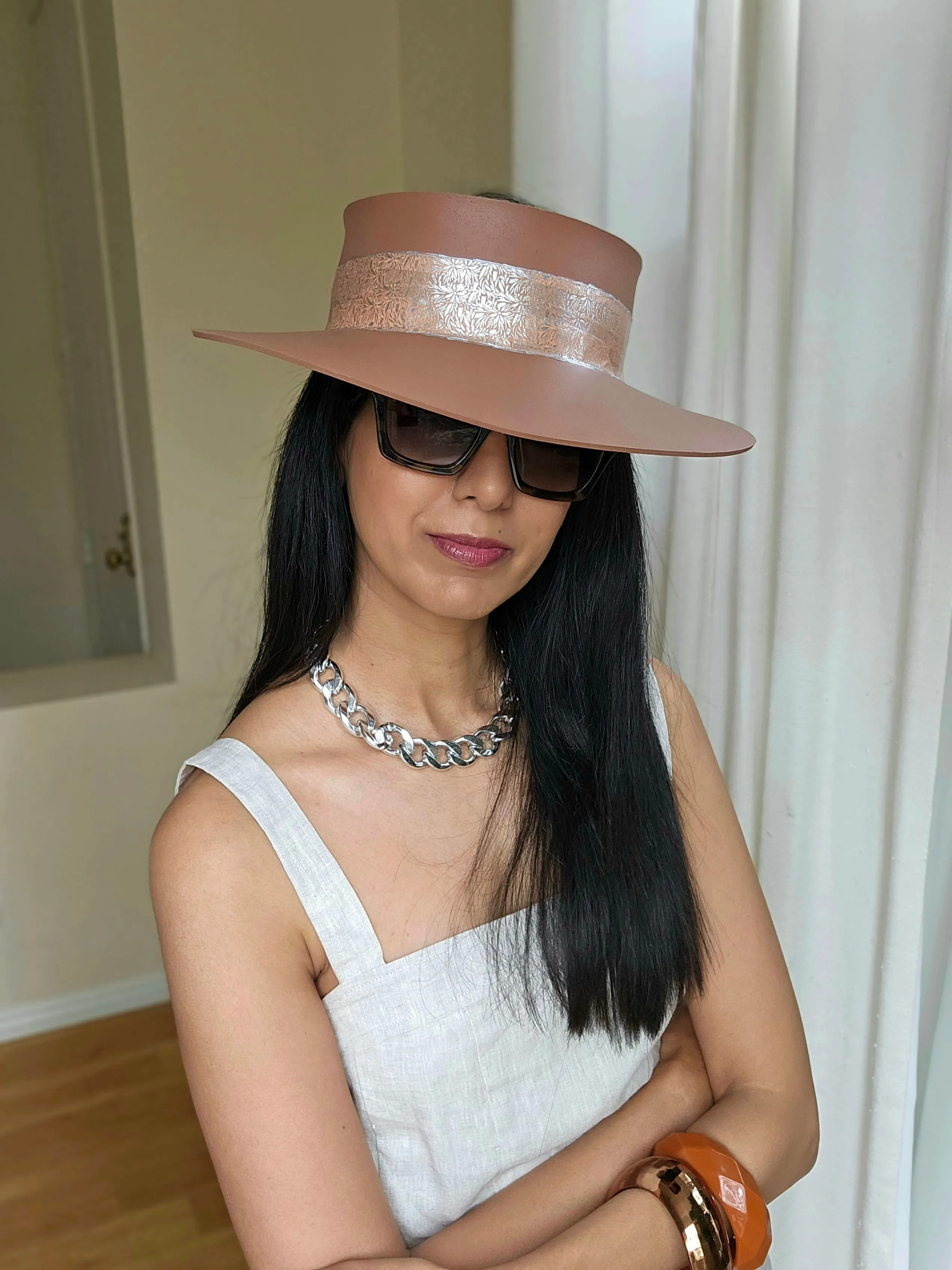 Tall Brown "LadyEVA" Visor Hat with Lovely Silver Graphic Band