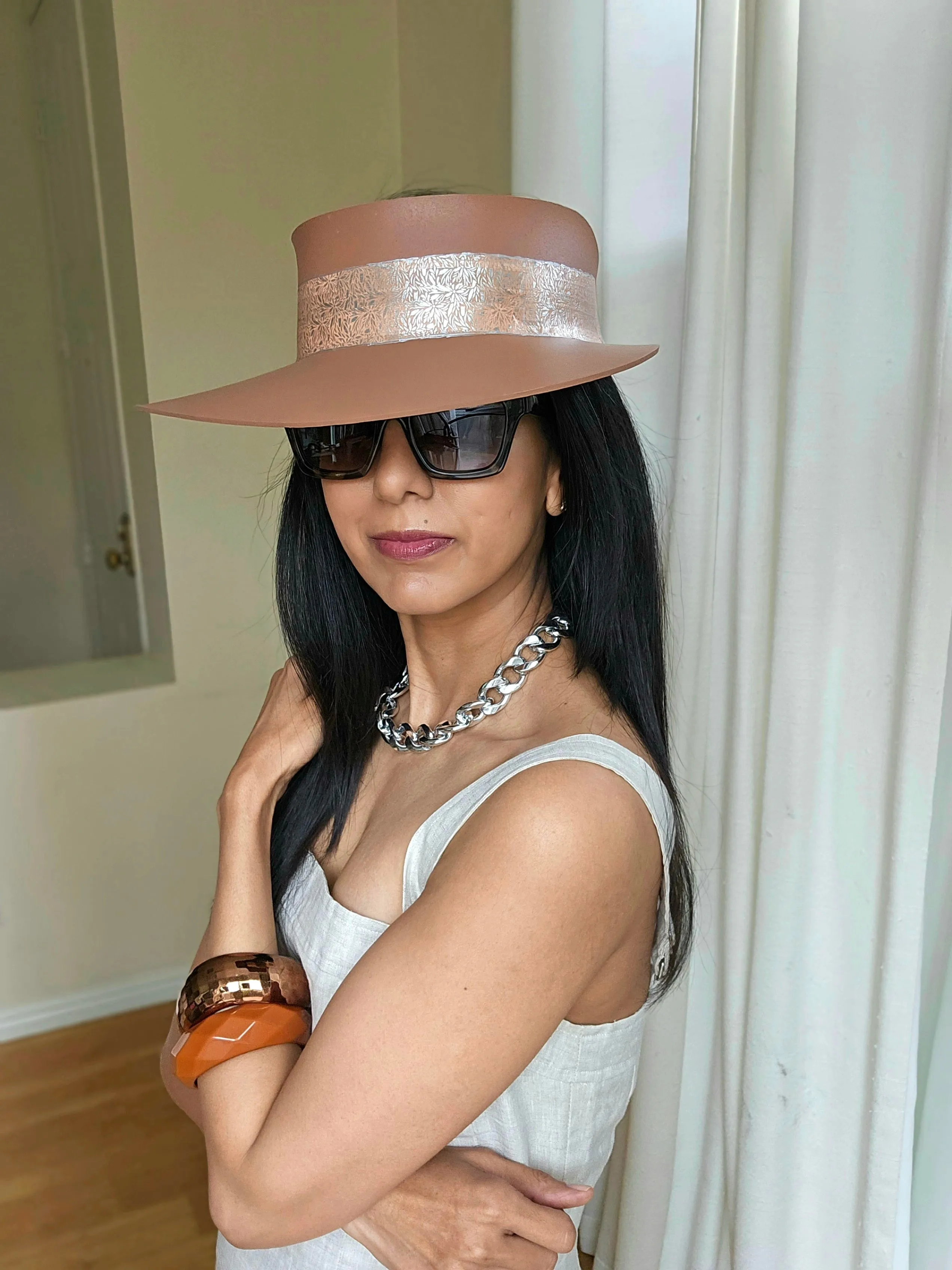 Tall Brown "LadyEVA" Visor Hat with Lovely Silver Graphic Band