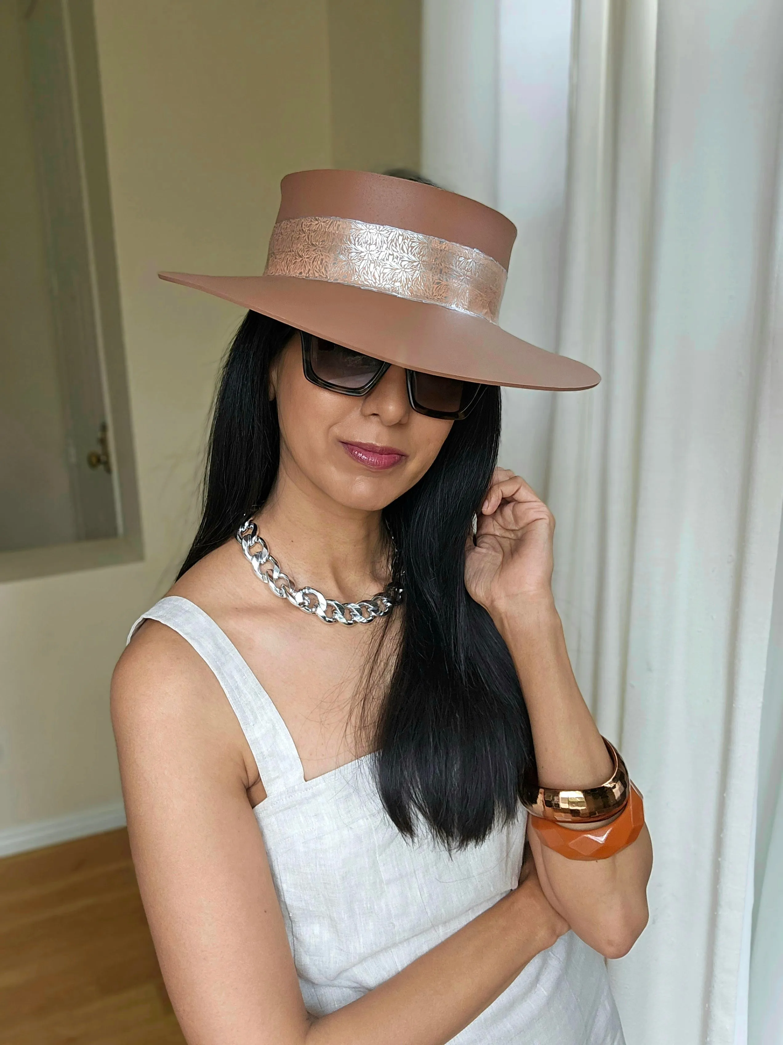 Tall Brown "LadyEVA" Visor Hat with Lovely Silver Graphic Band