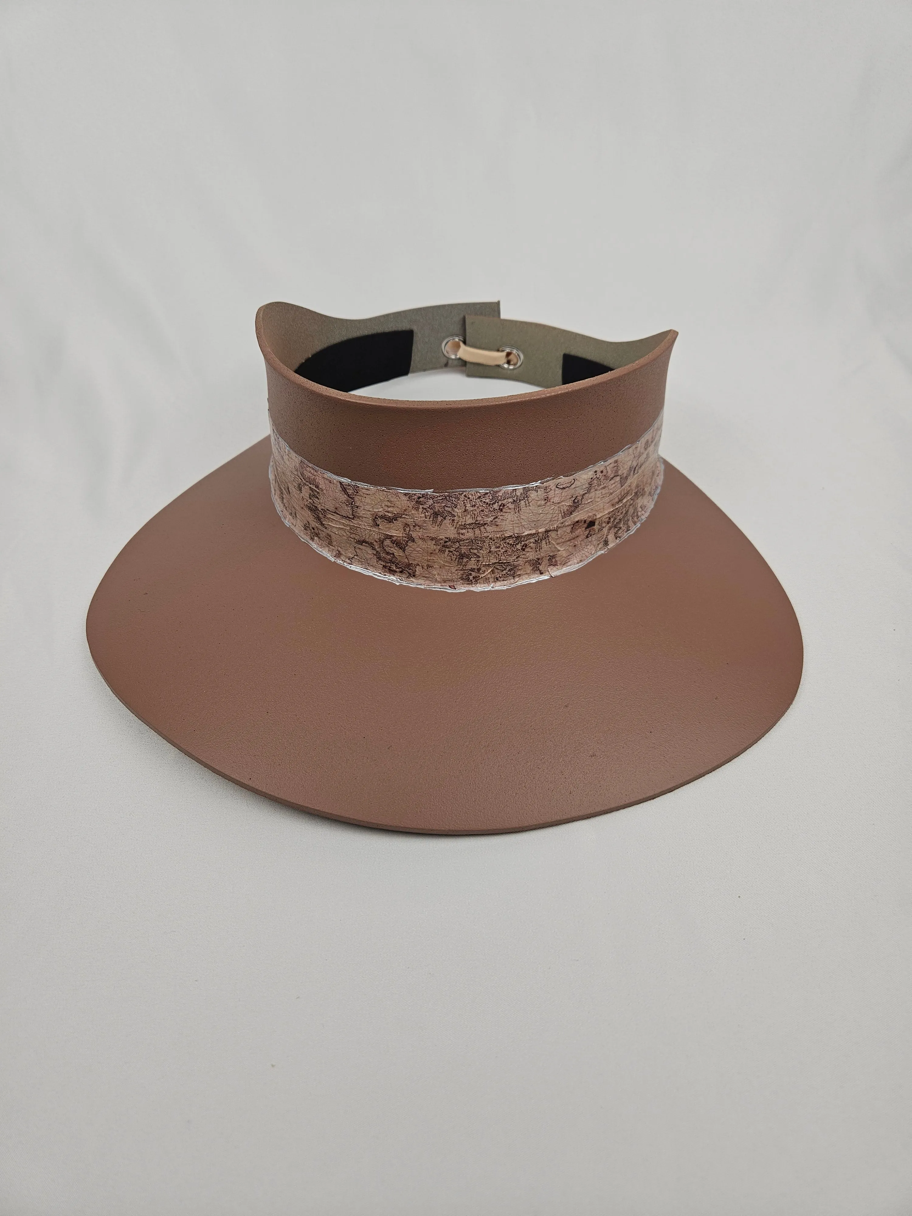 Tall Brown "LadyEVA" Visor Hat with Map/Travel Themed Band