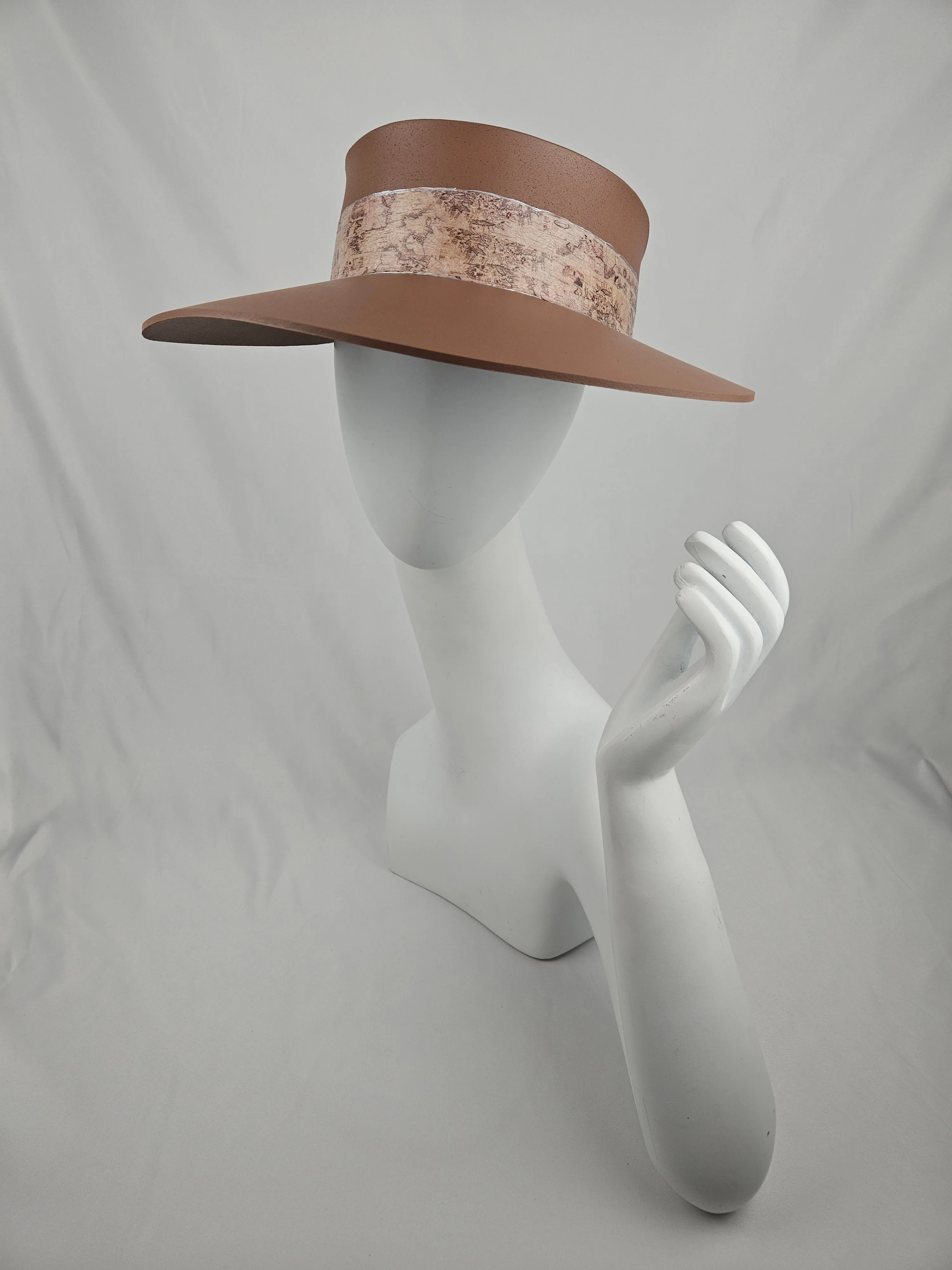 Tall Brown "LadyEVA" Visor Hat with Map/Travel Themed Band