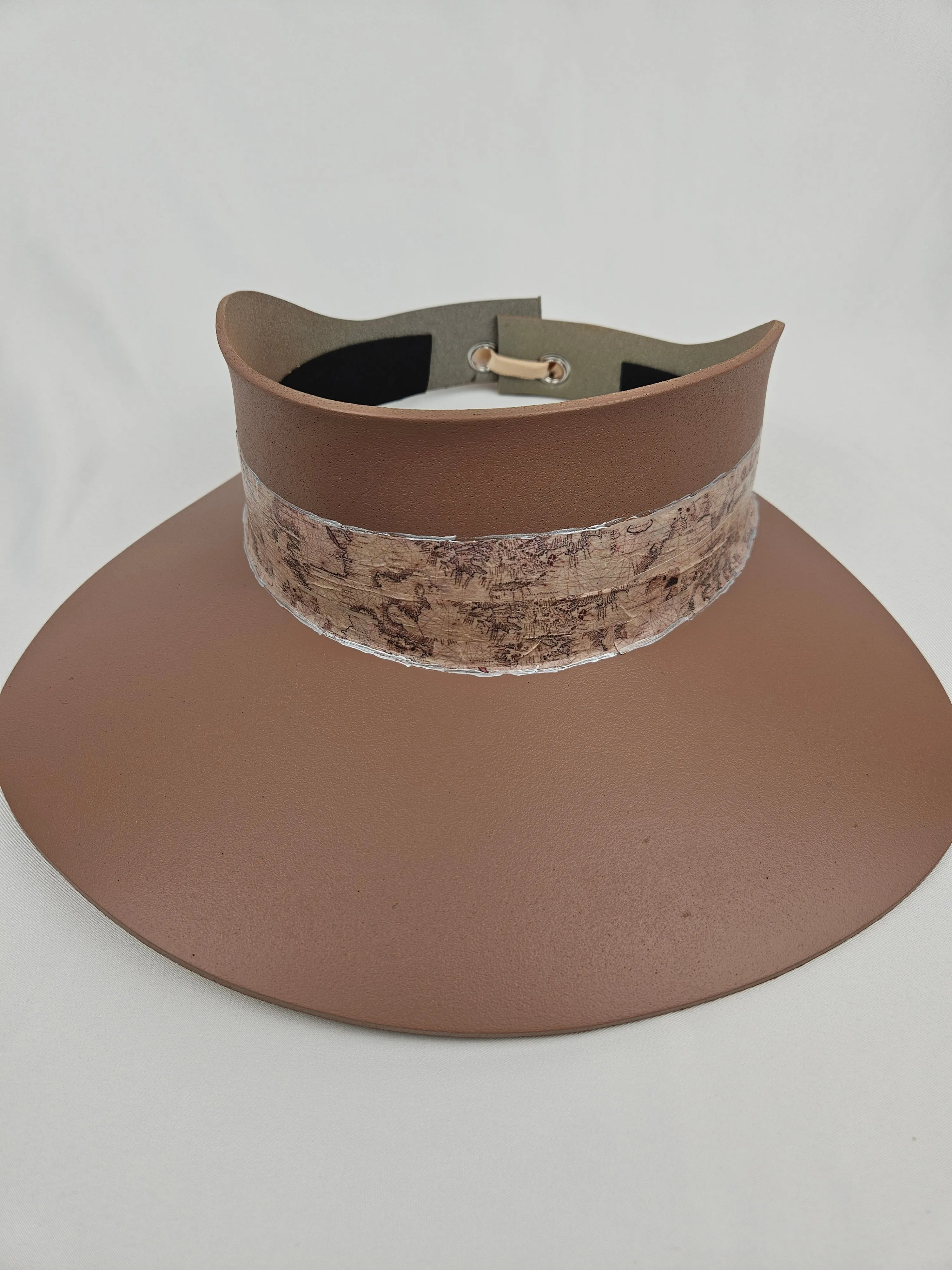 Tall Brown "LadyEVA" Visor Hat with Map/Travel Themed Band