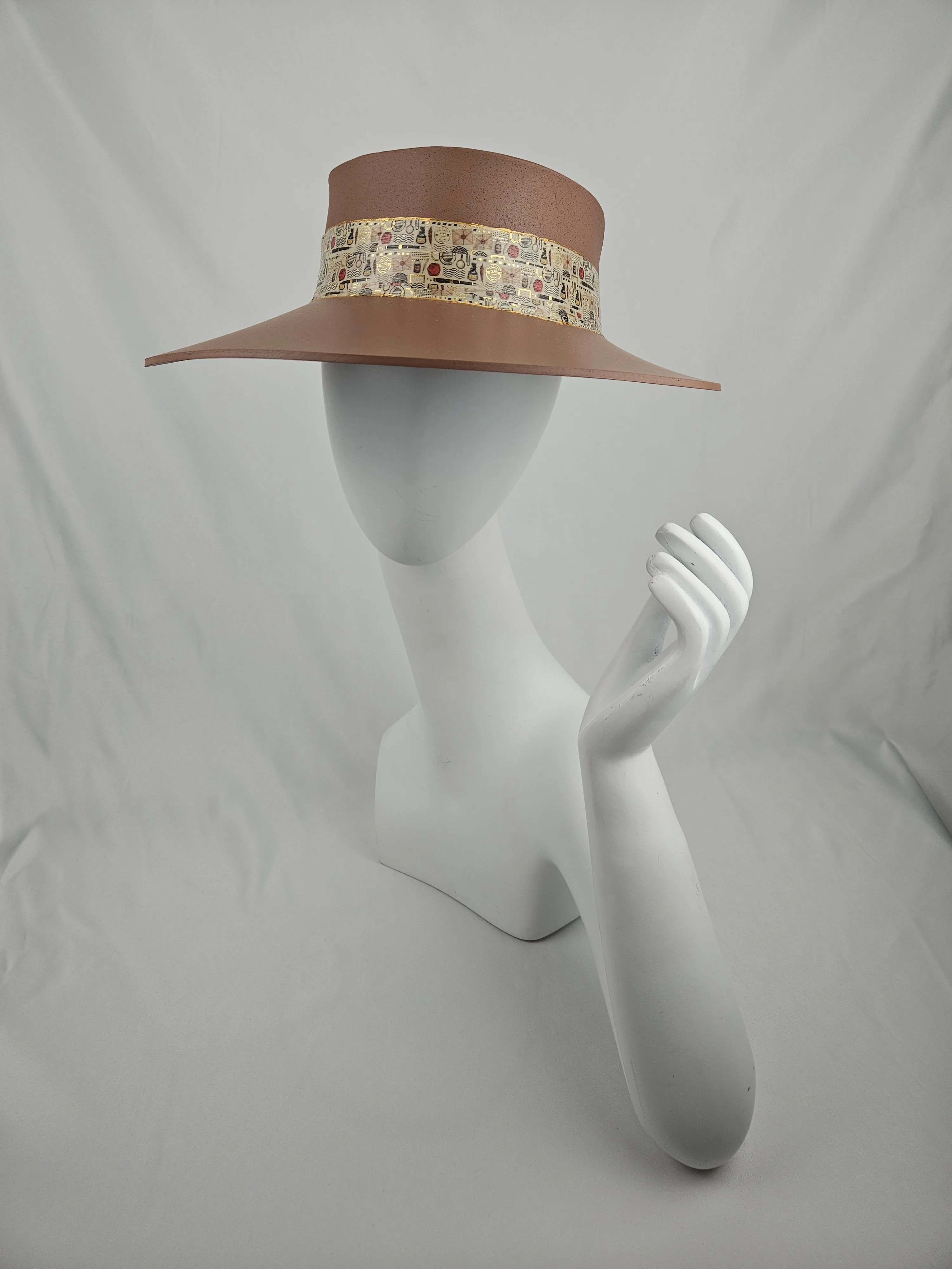 Tall Brown "LadyEVA" Visor Hat with Vintage Postage/Mail Themed Golden Band