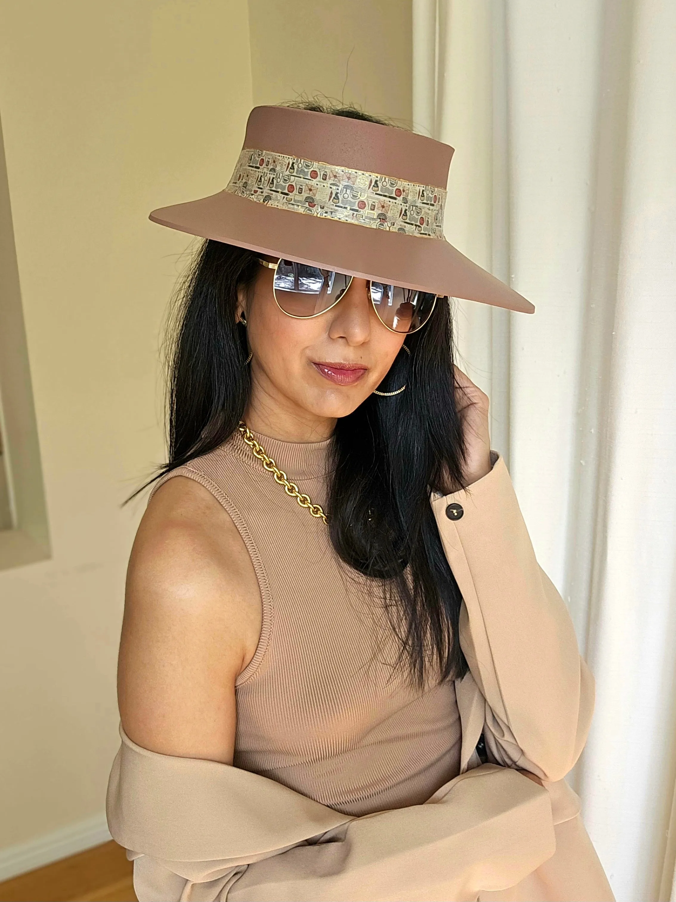 Tall Brown "LadyEVA" Visor Hat with Vintage Postage/Mail Themed Golden Band