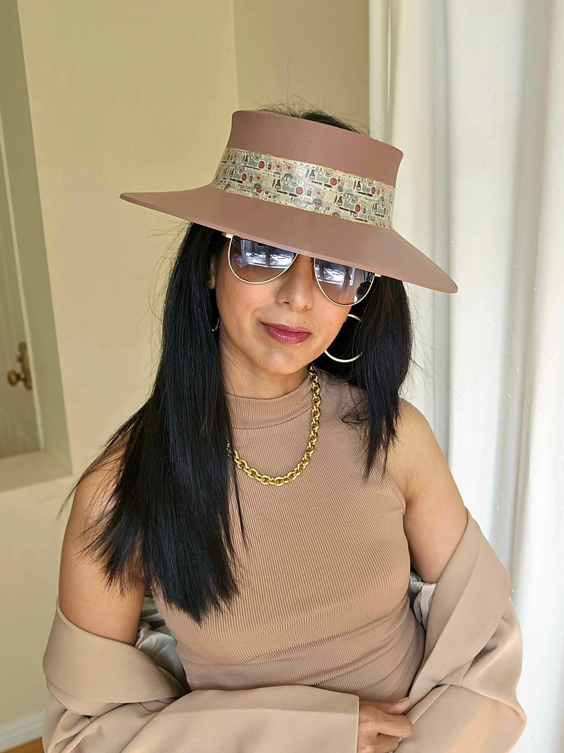 Tall Brown "LadyEVA" Visor Hat with Vintage Postage/Mail Themed Golden Band