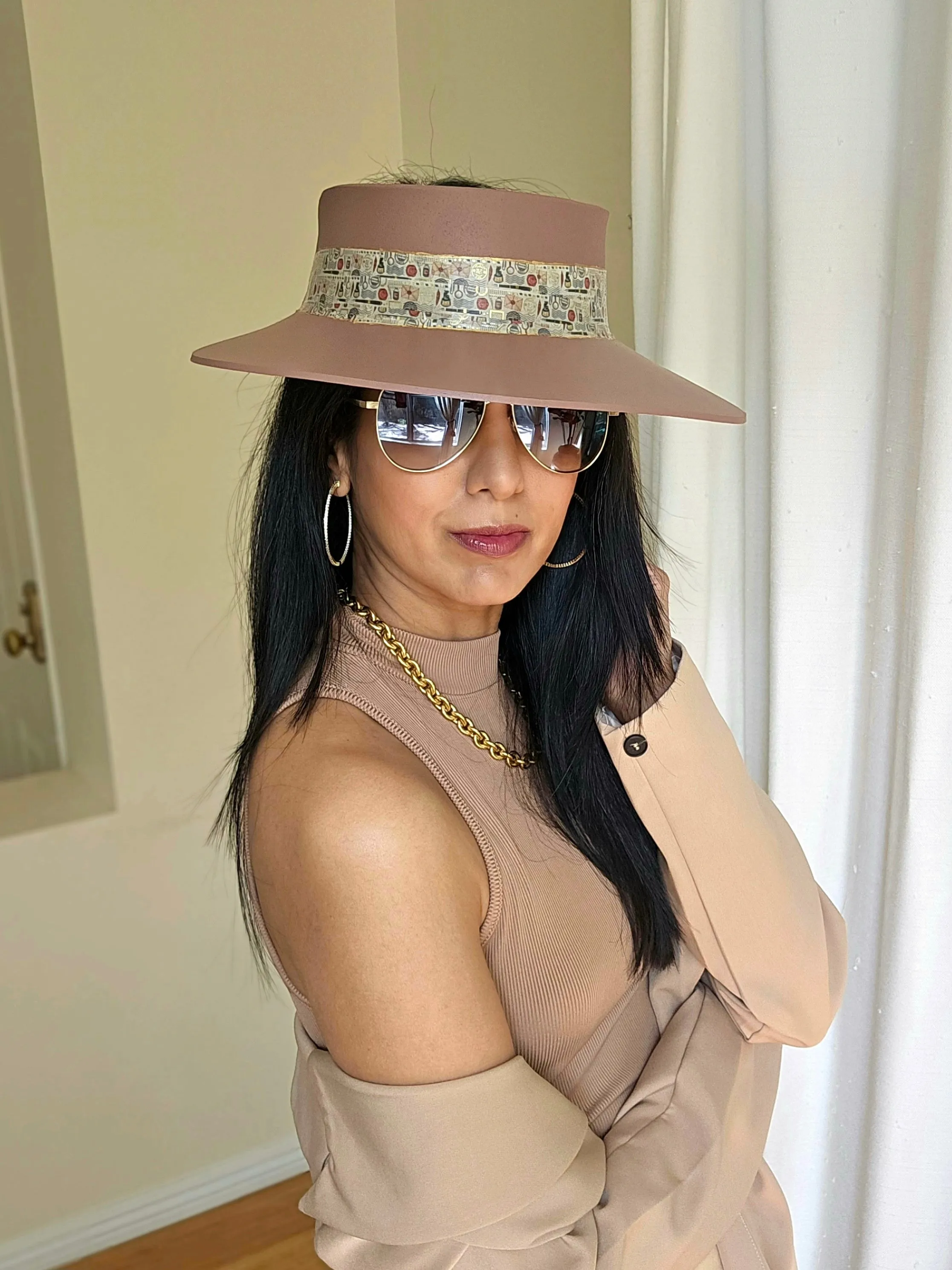 Tall Brown "LadyEVA" Visor Hat with Vintage Postage/Mail Themed Golden Band