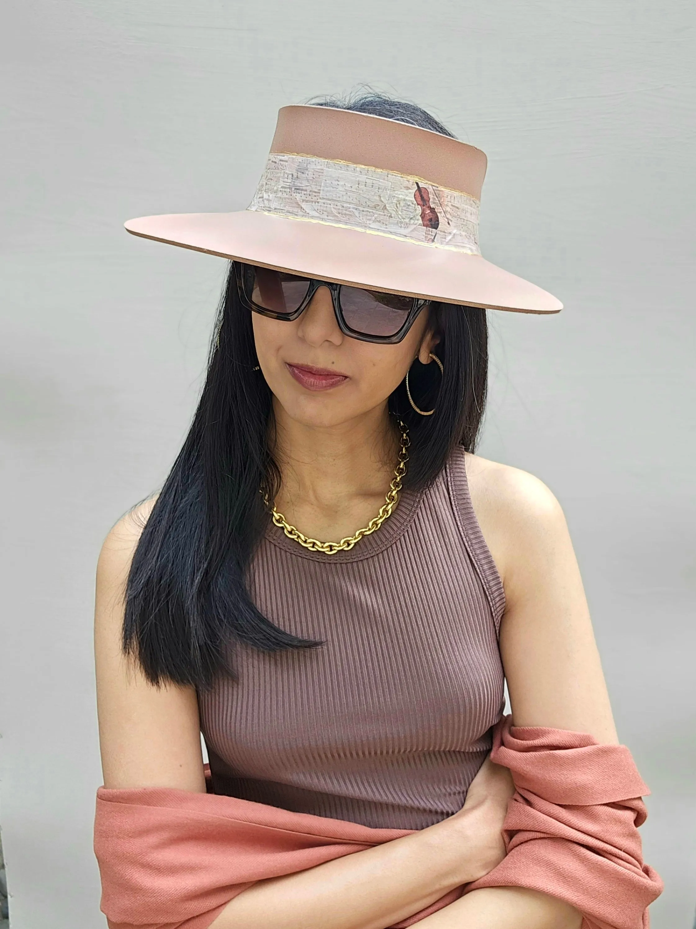 Tall Brown "LadyEVA" Visor Hat with Violin and Music Themed Band