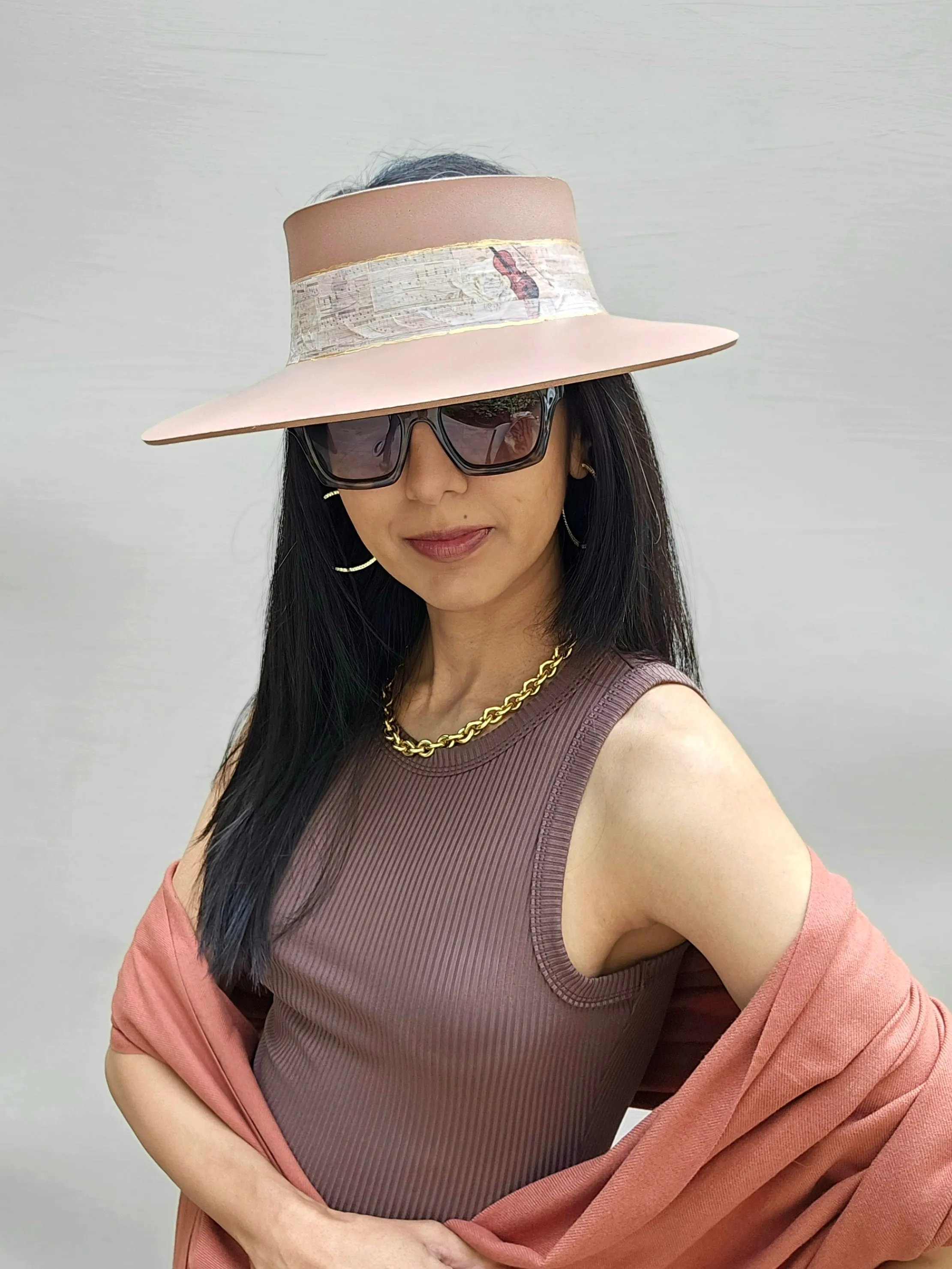 Tall Brown "LadyEVA" Visor Hat with Violin and Music Themed Band