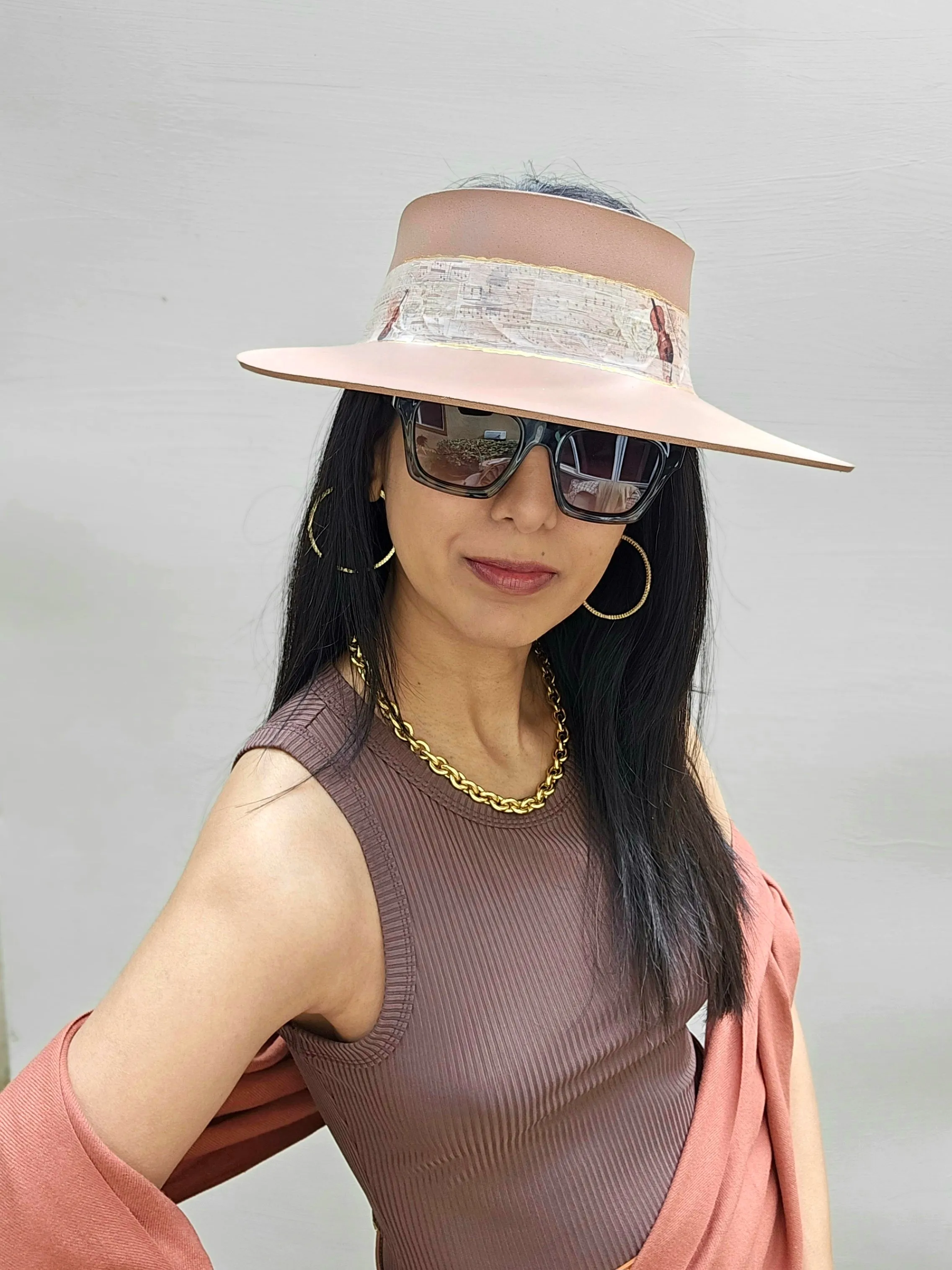 Tall Brown "LadyEVA" Visor Hat with Violin and Music Themed Band