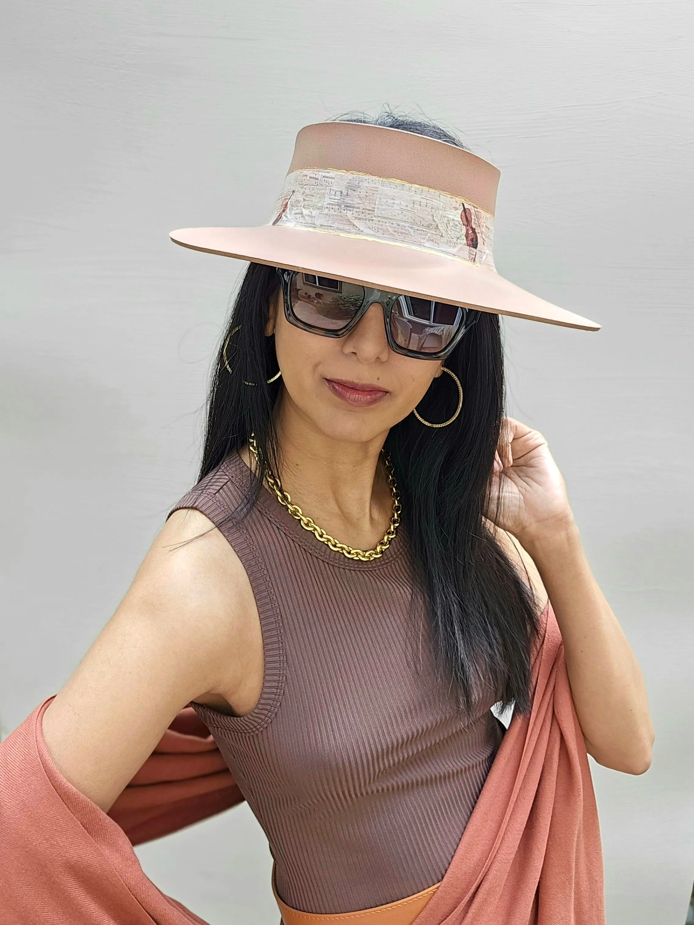 Tall Brown "LadyEVA" Visor Hat with Violin and Music Themed Band