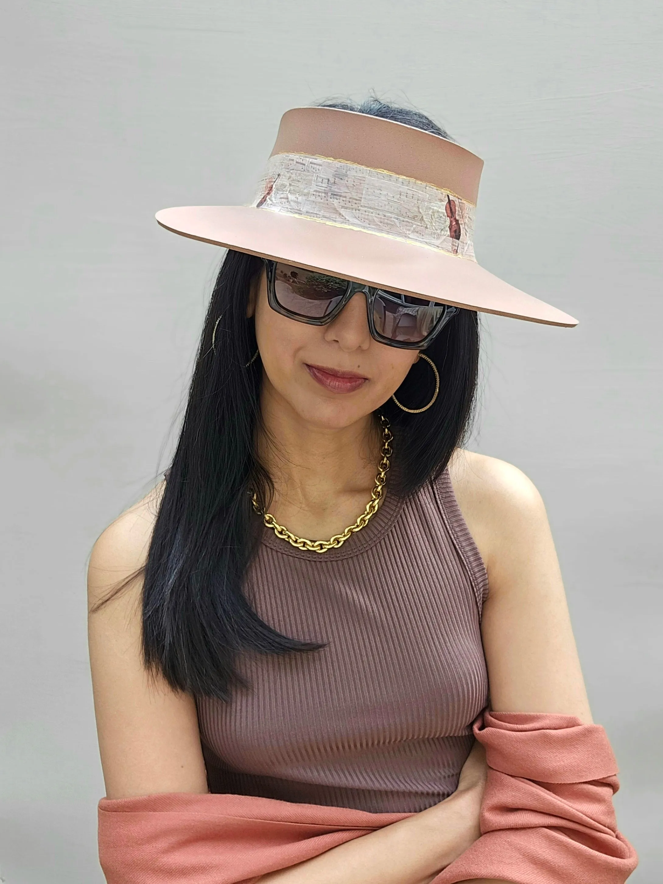 Tall Brown "LadyEVA" Visor Hat with Violin and Music Themed Band