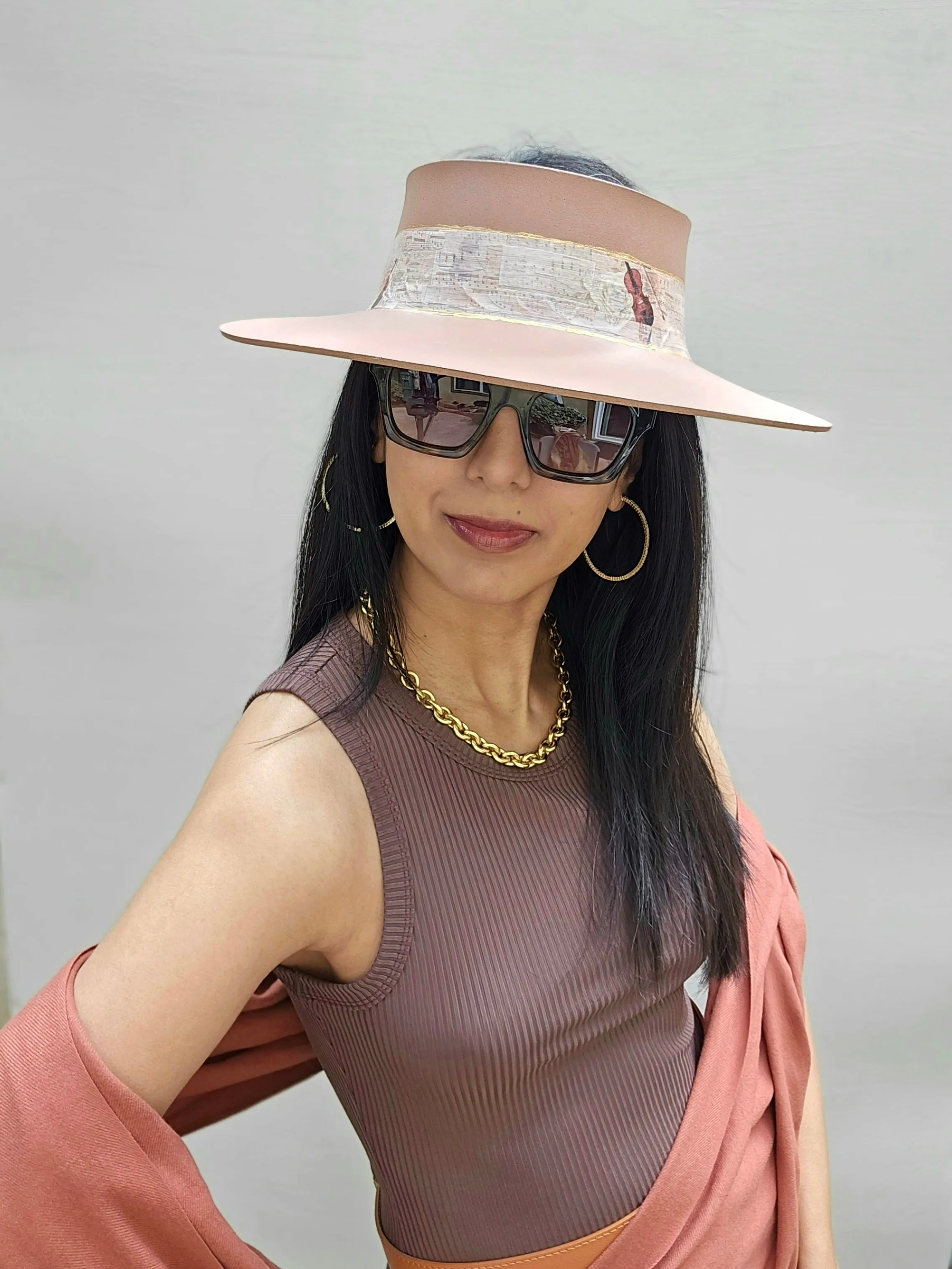 Tall Brown "LadyEVA" Visor Hat with Violin and Music Themed Band