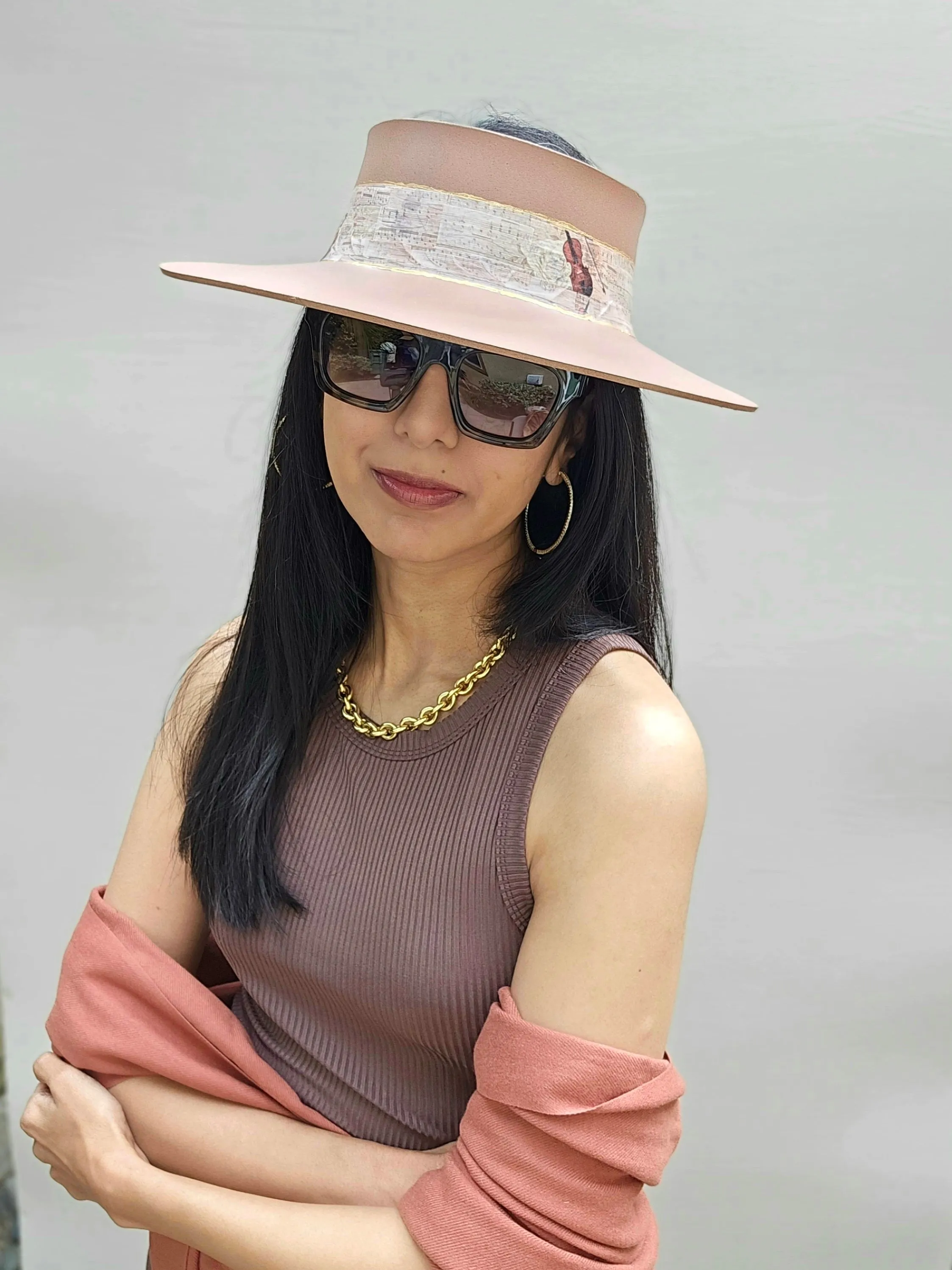 Tall Brown "LadyEVA" Visor Hat with Violin and Music Themed Band