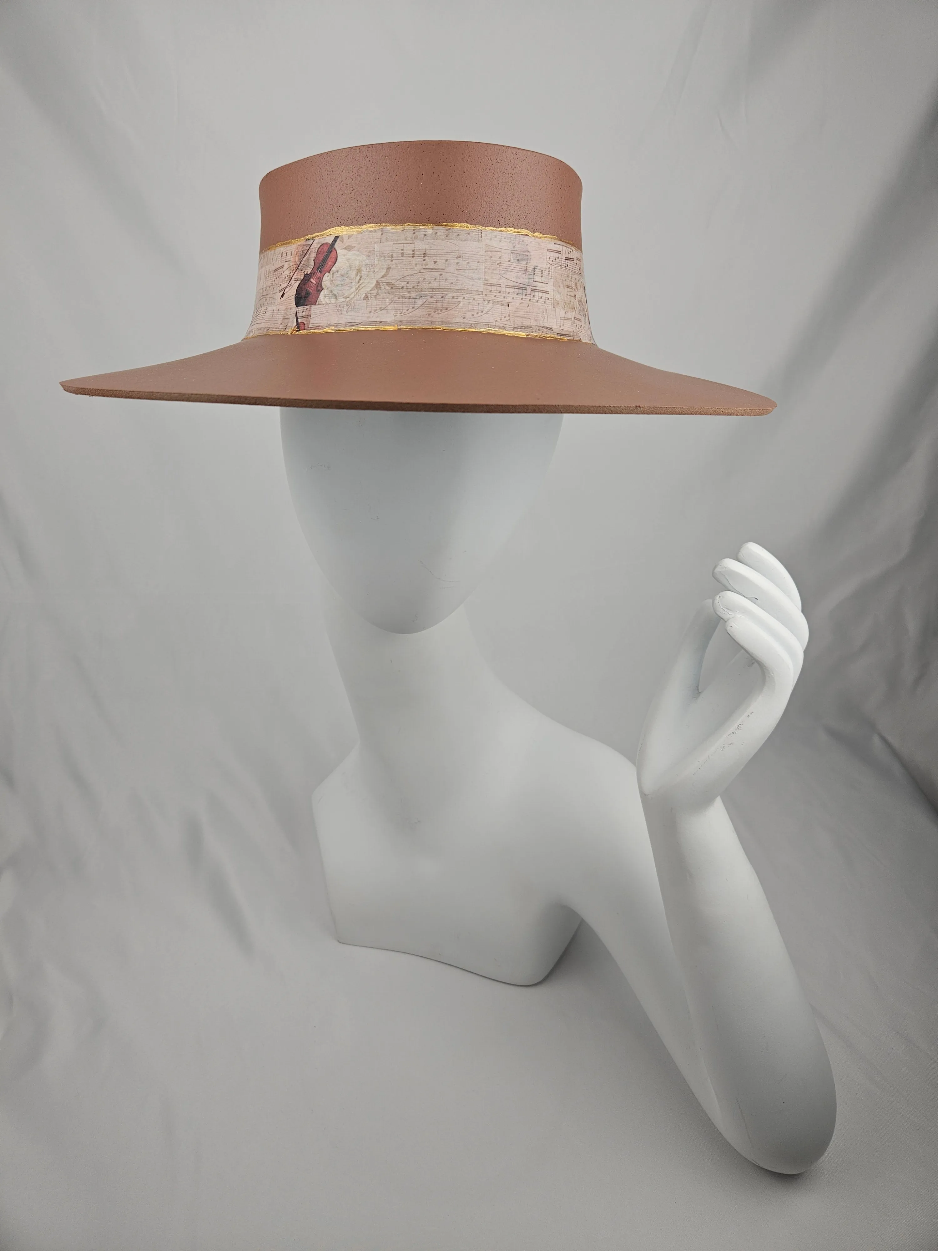 Tall Brown "LadyEVA" Visor Hat with Violin and Music Themed Band