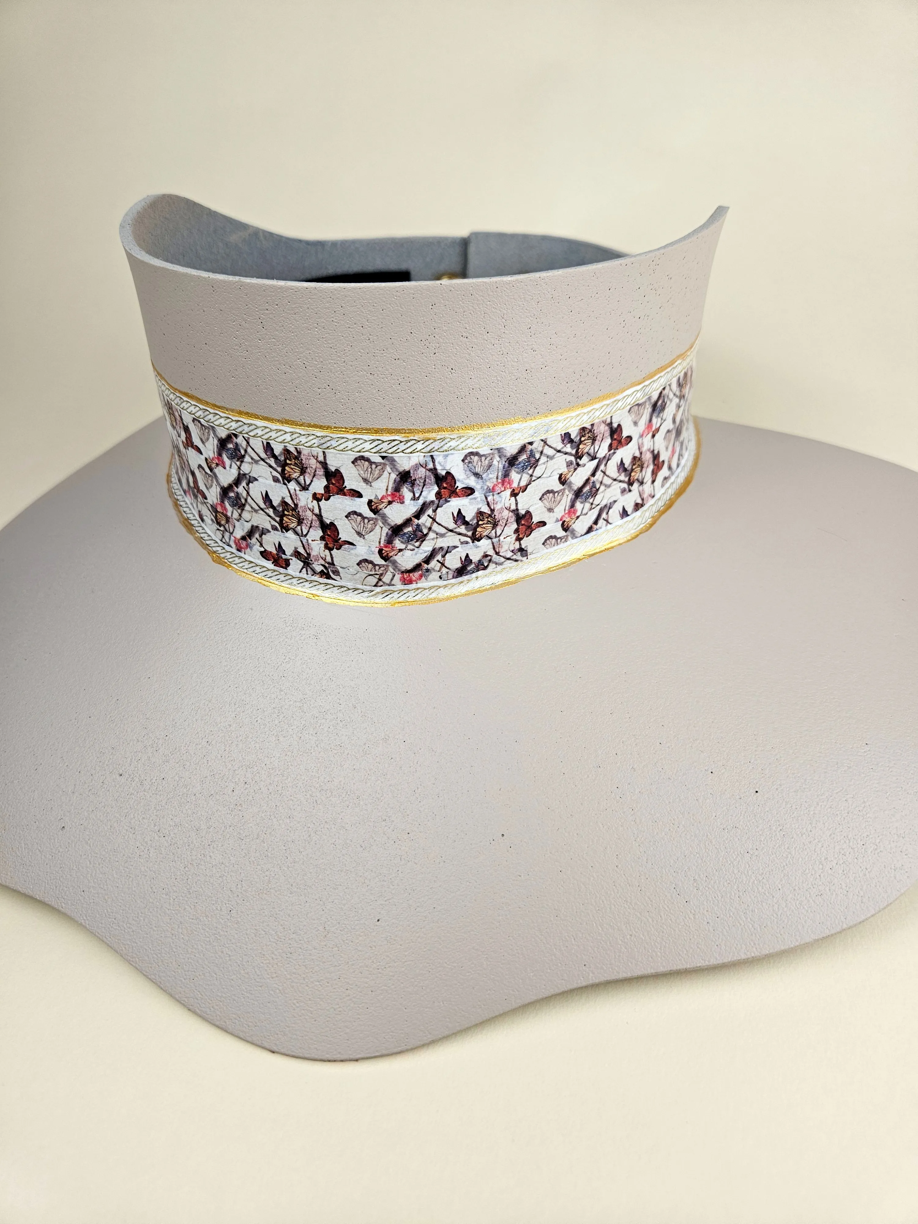 Tall Gray Beige Lotus Visor Hat with Multicolor Butterfly Band