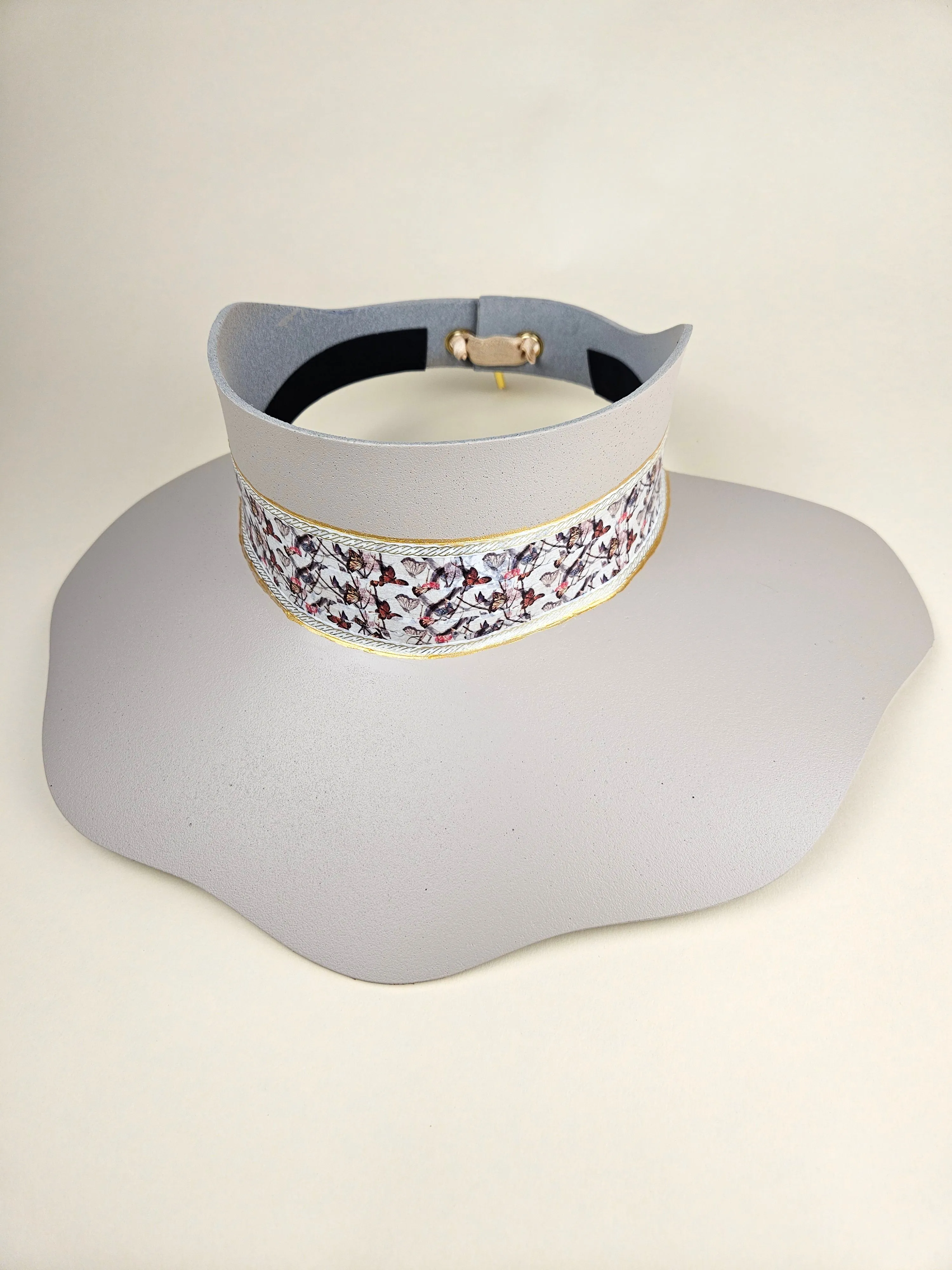 Tall Gray Beige Lotus Visor Hat with Multicolor Butterfly Band