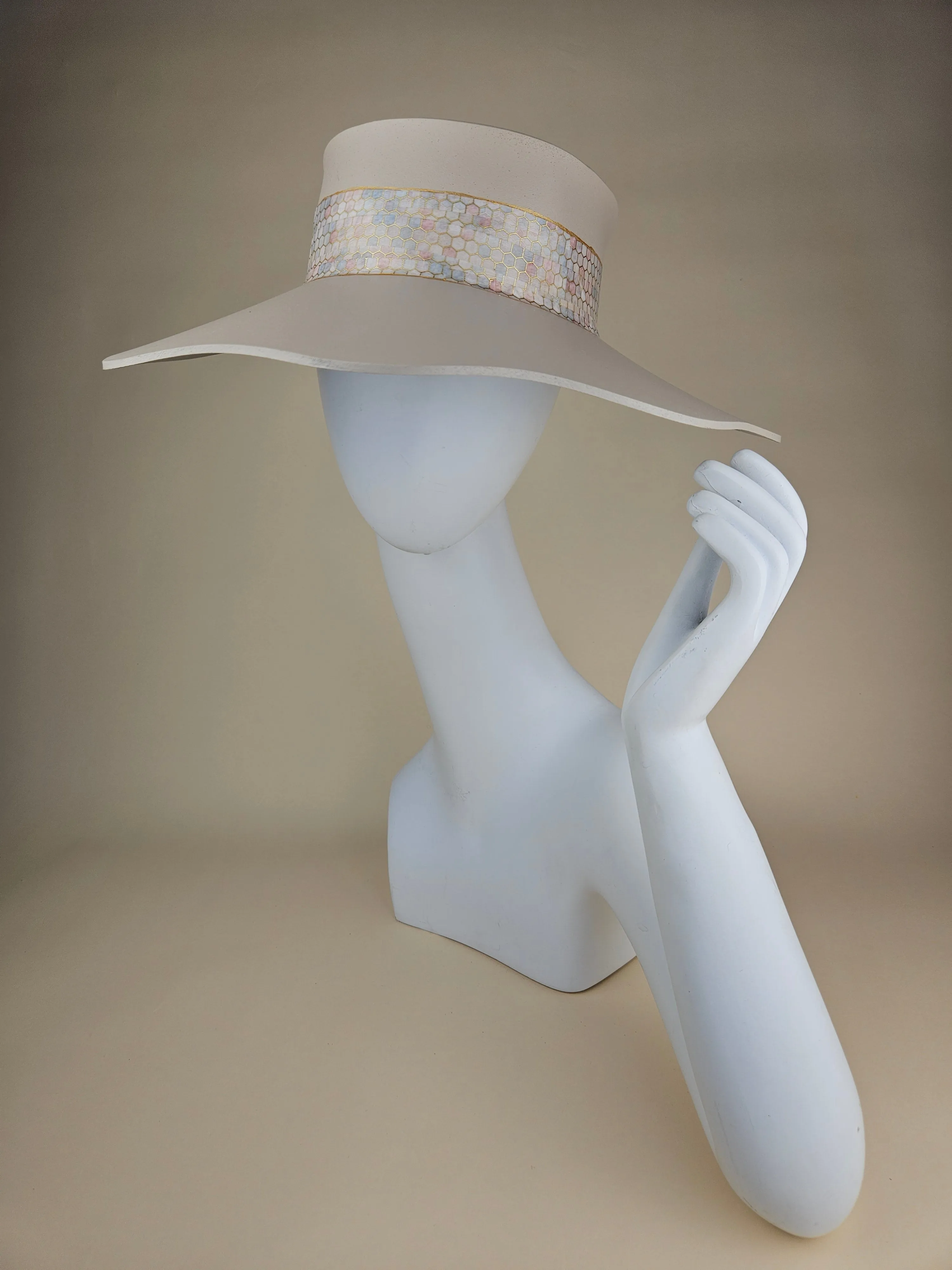 Tall Gray Beige Lotus Visor Hat with Pale Pink, Geometric Band