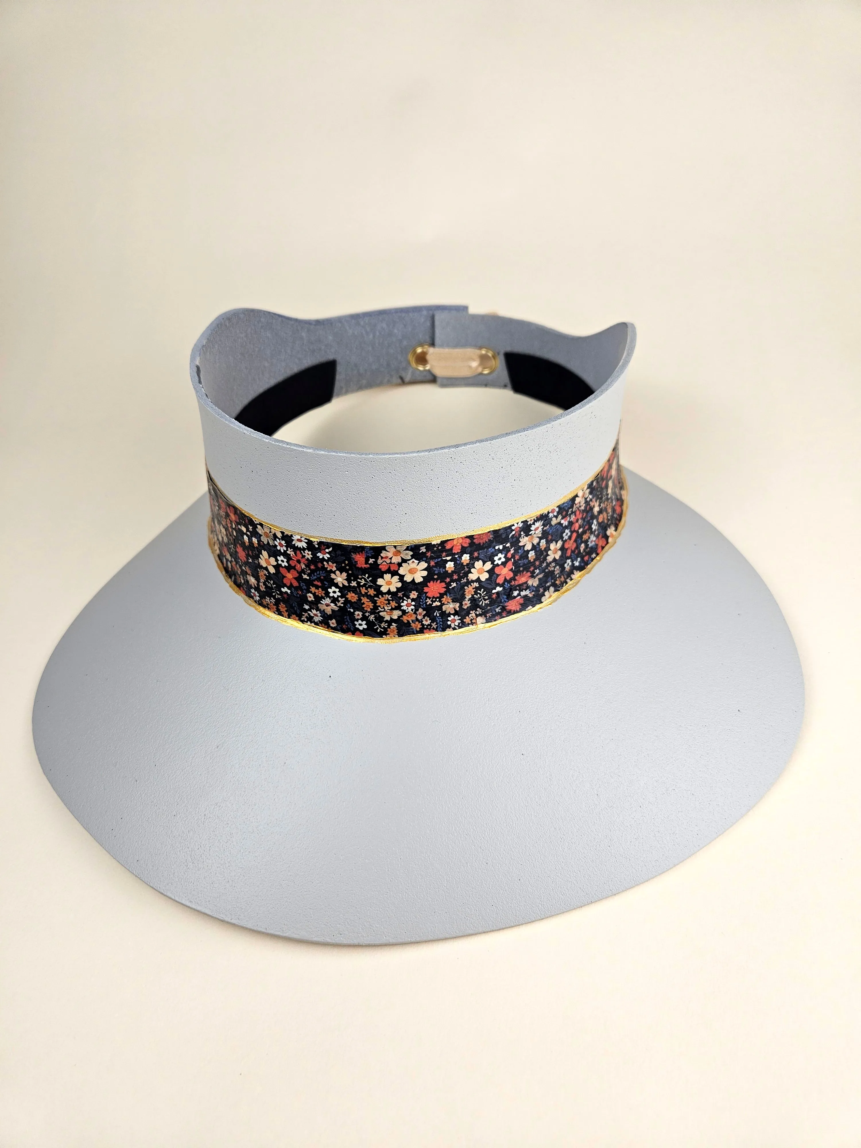 Tall Gray "LadyEVA" Visor Hat with Black Multicolored Floral Band