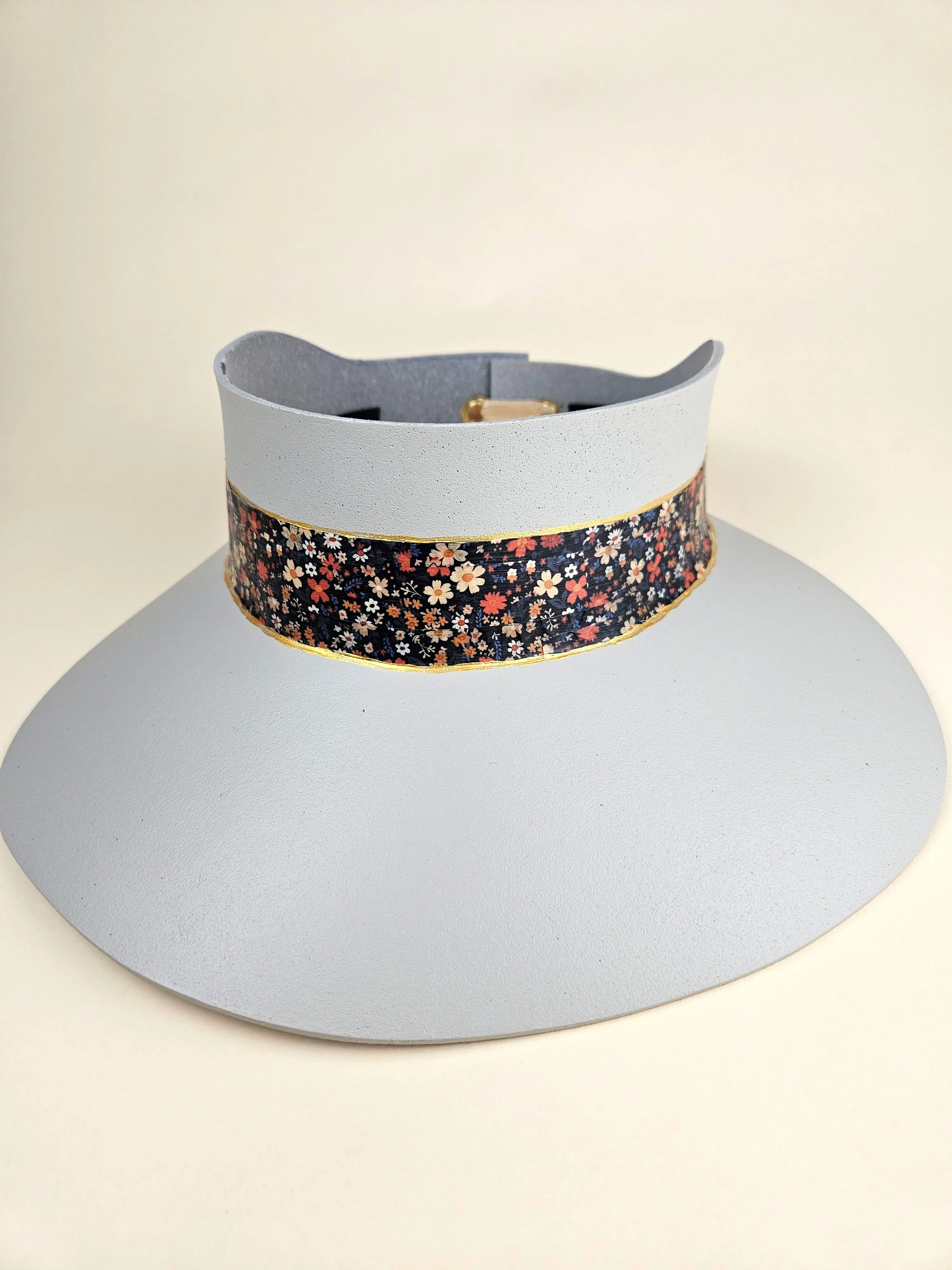 Tall Gray "LadyEVA" Visor Hat with Black Multicolored Floral Band