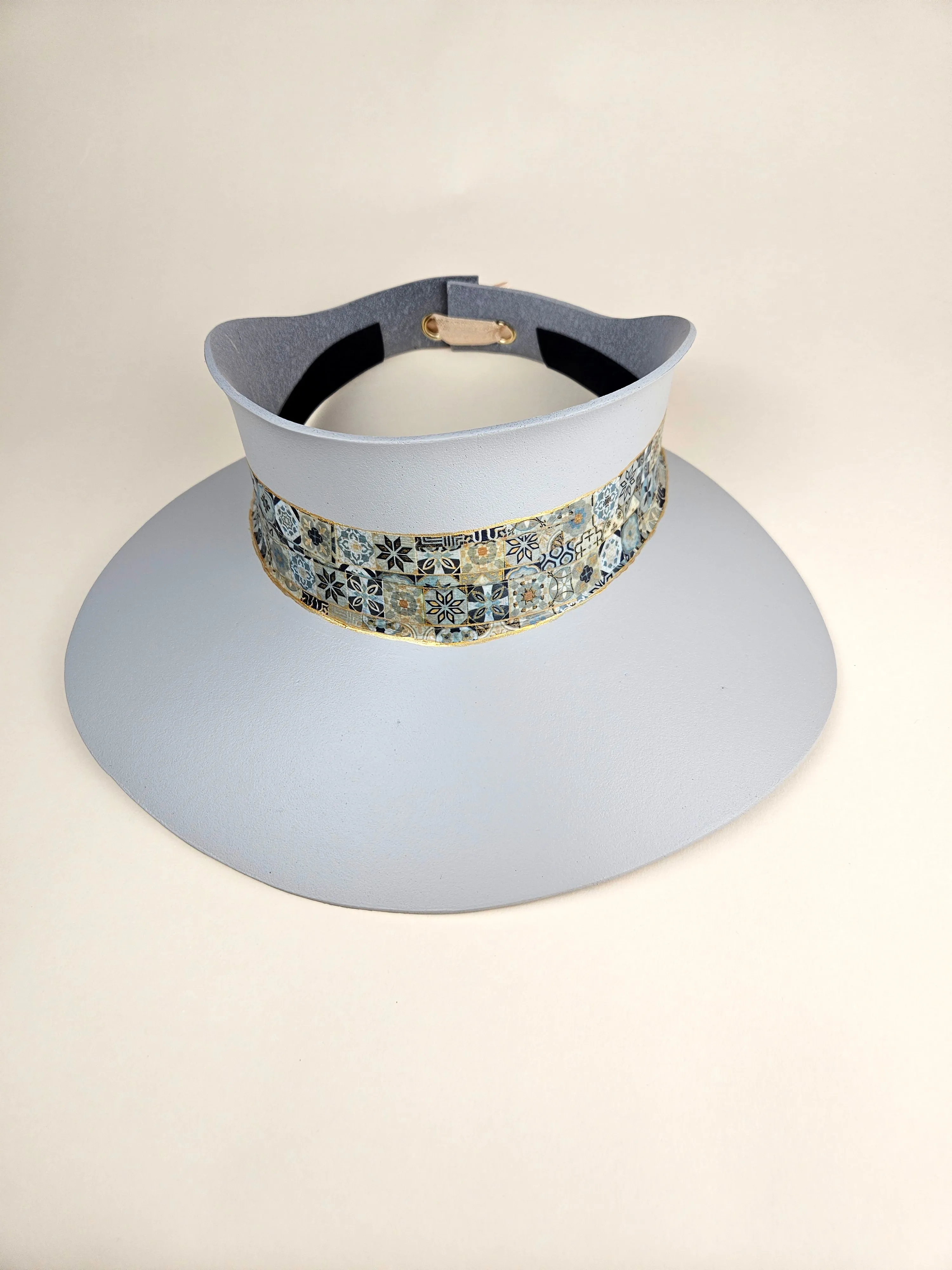 Tall Gray "LadyEVA" Visor Hat with Blue and Gold Geometric Band