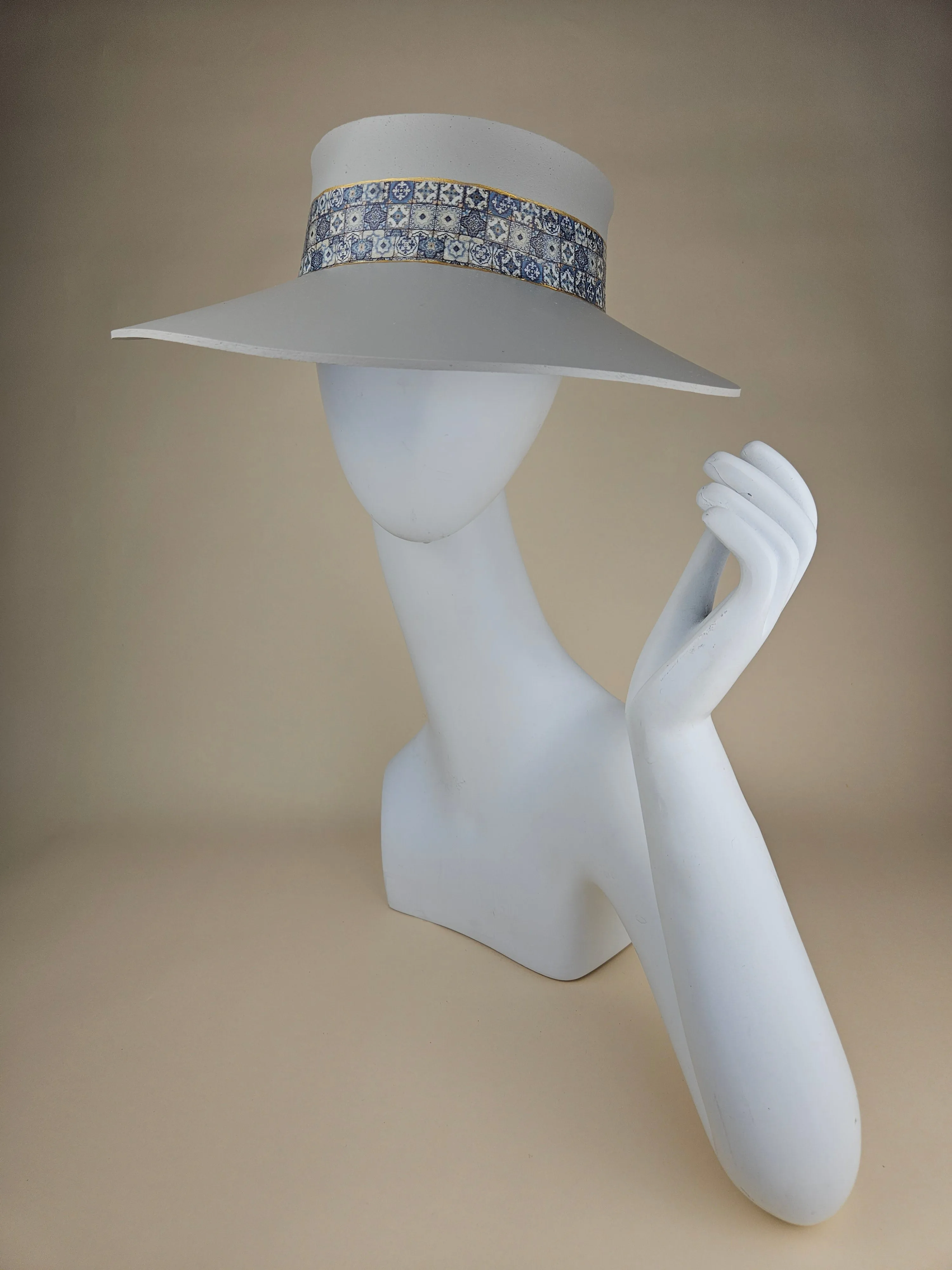 Tall Gray "LadyEVA" Visor Hat with Blue Geometric Tile Band