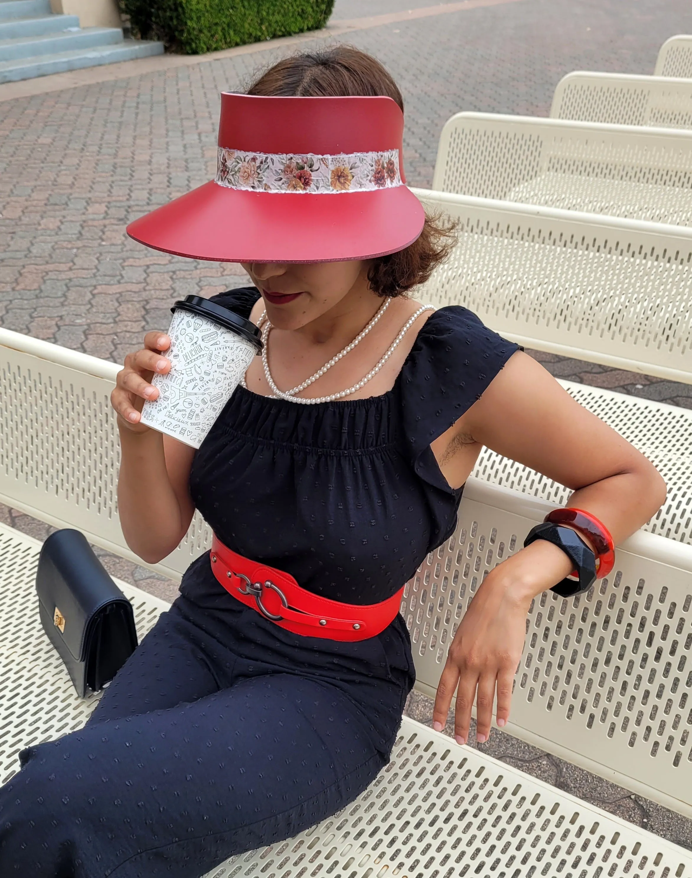 Tall LadyEVA Visor Hat - Crinkled Red with Floral Band