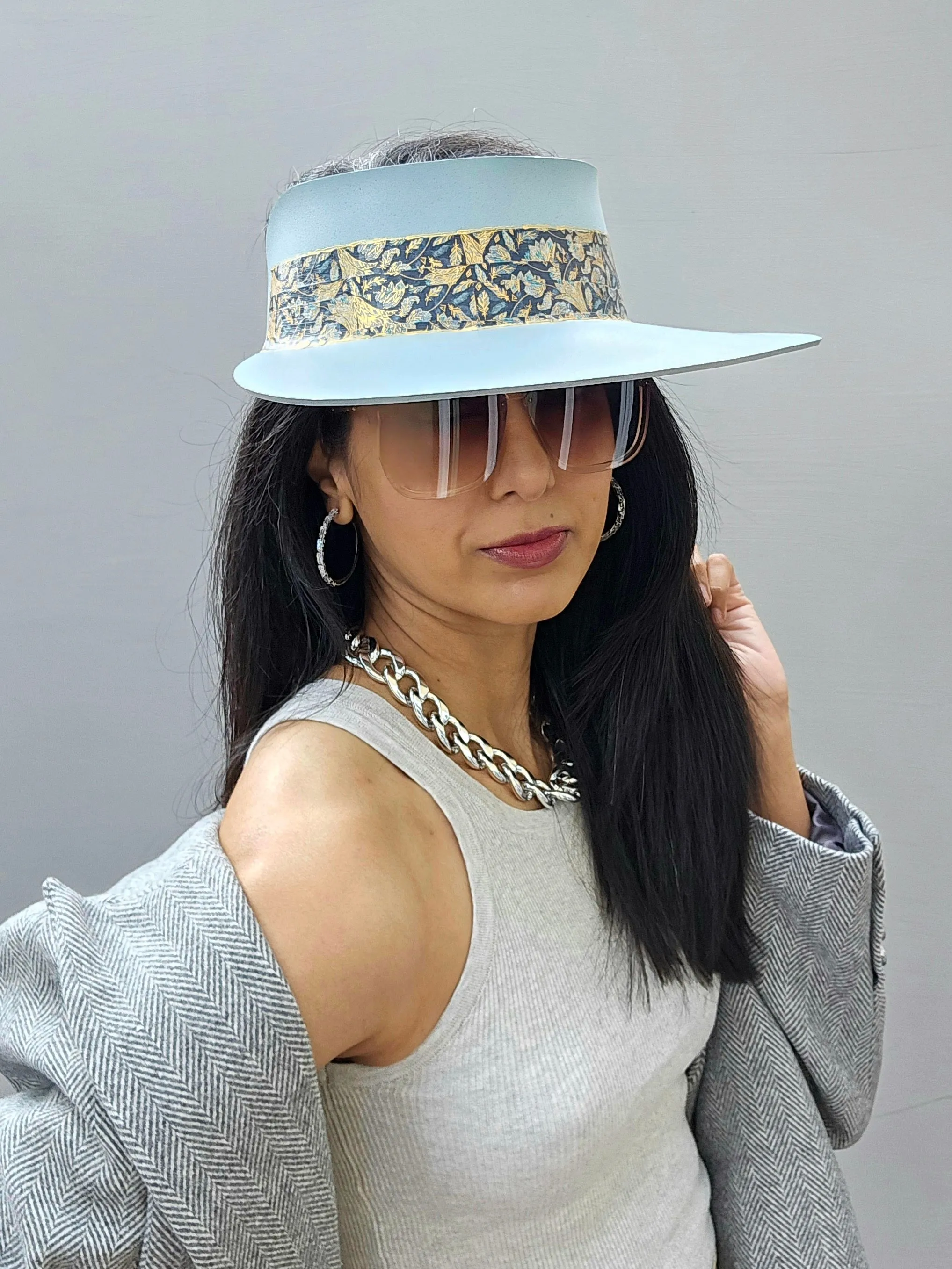 Tall Light Blue "LadyEVA" Visor Hat with Navy and Gold Band