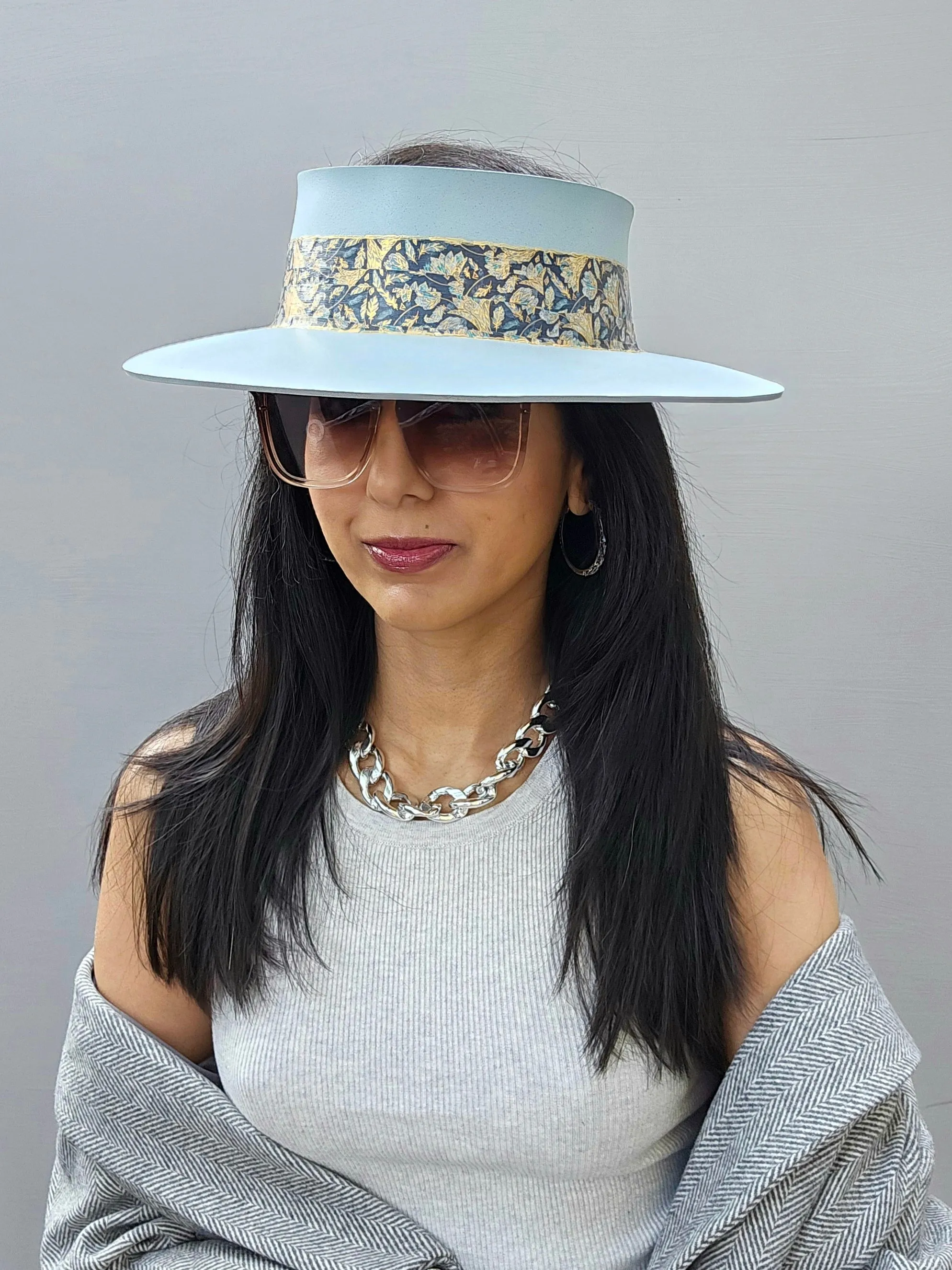 Tall Light Blue "LadyEVA" Visor Hat with Navy and Gold Band