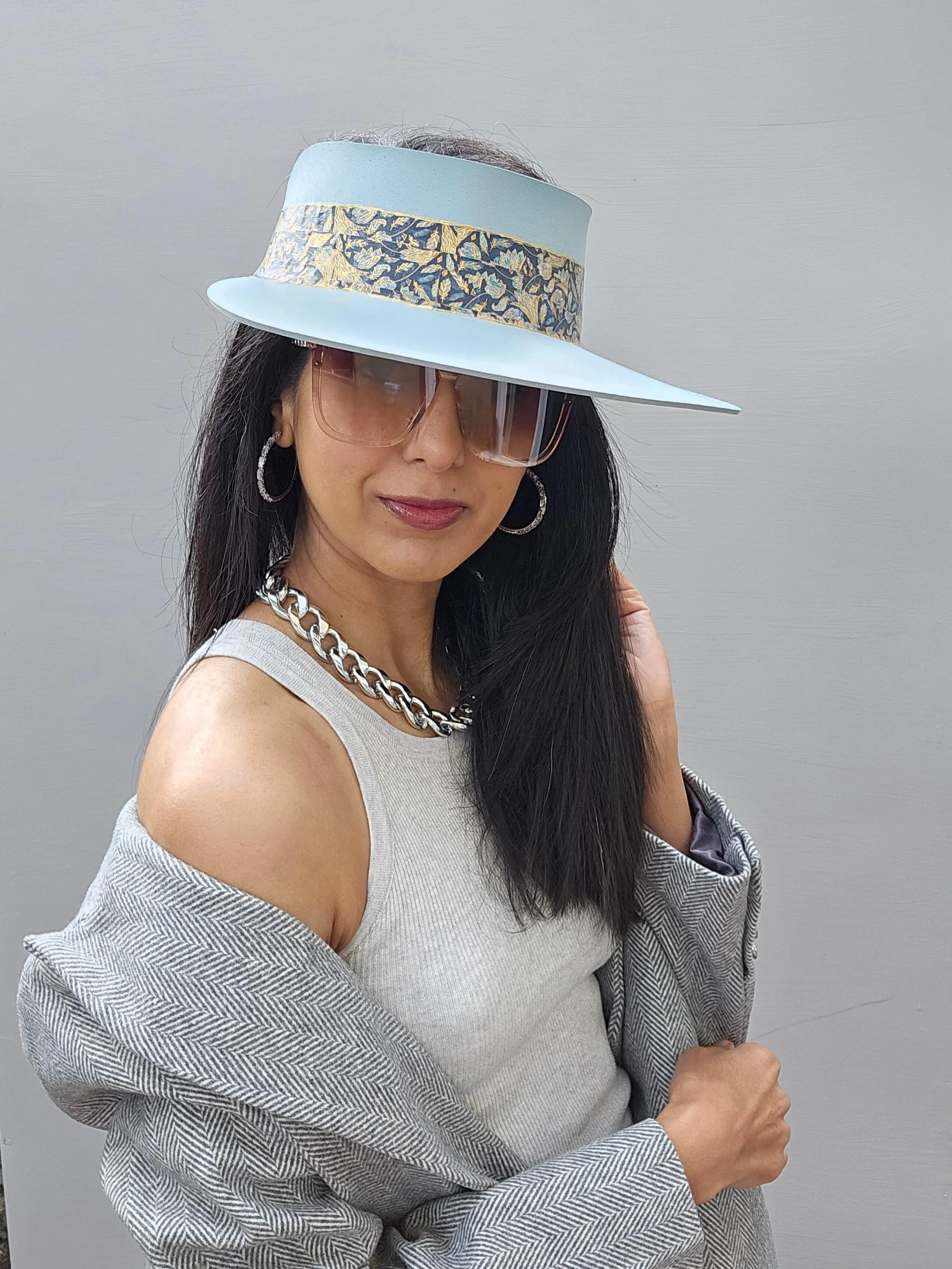 Tall Light Blue "LadyEVA" Visor Hat with Navy and Gold Band