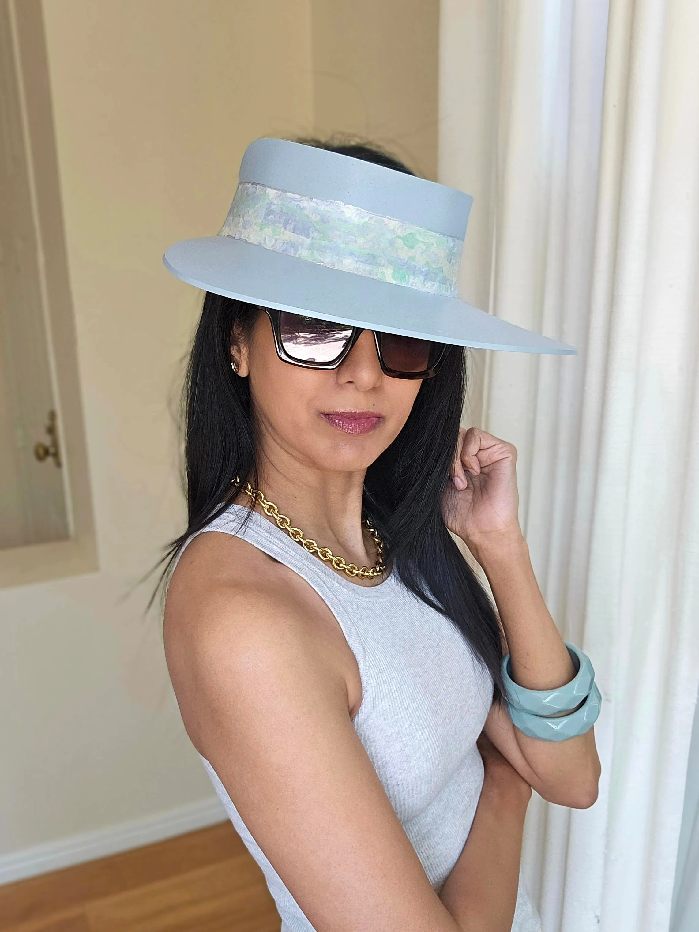 Tall Light Blue "LadyEVA" Visor Hat with Pastel Green Light Blue Band