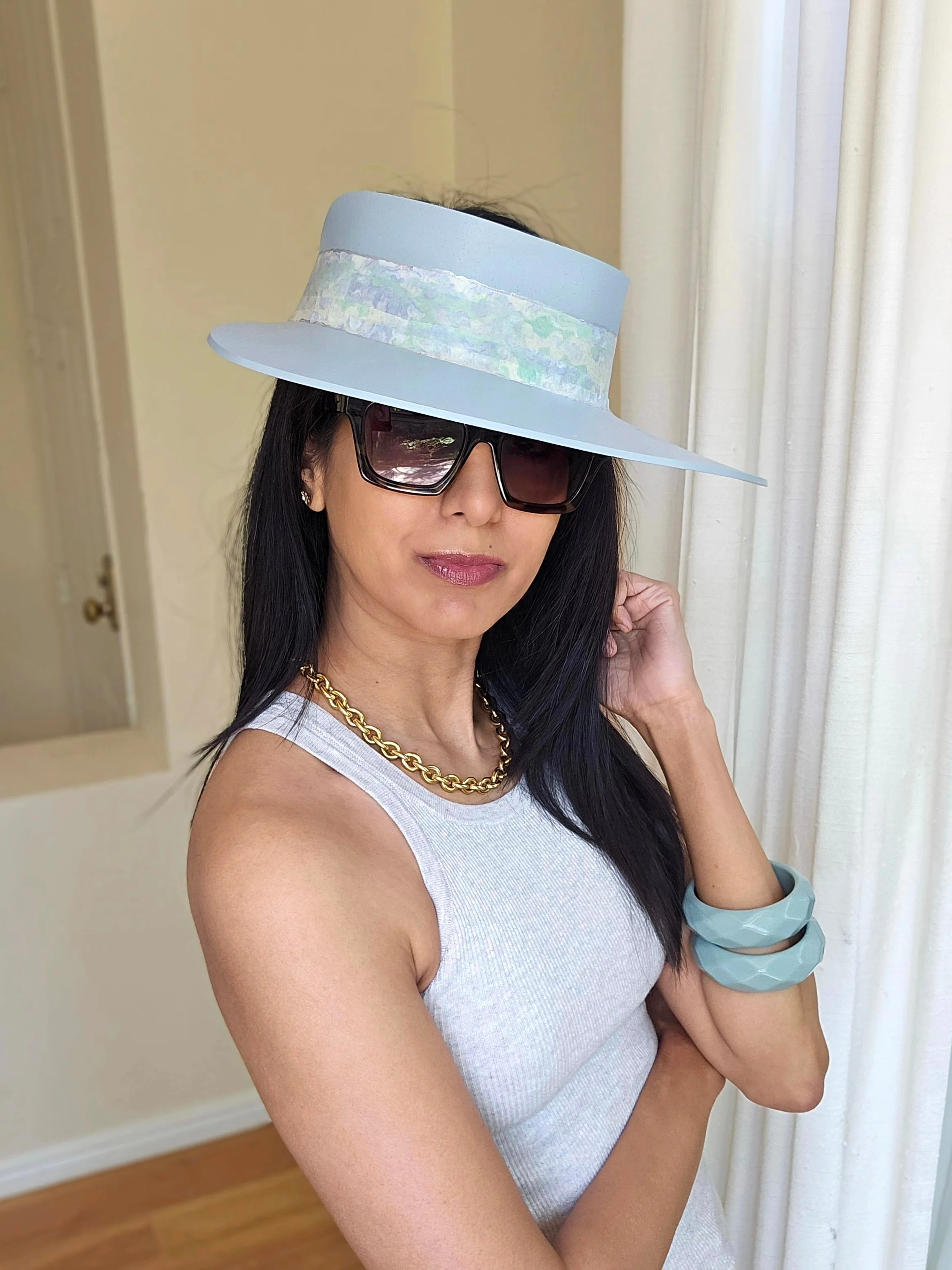 Tall Light Blue "LadyEVA" Visor Hat with Pastel Green Light Blue Band