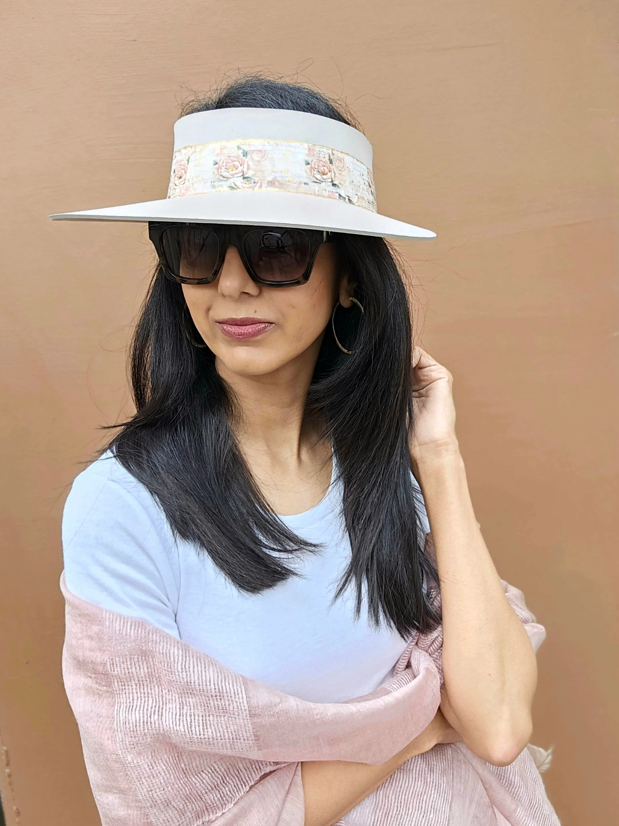 Tall Light Pink "LadyEVA" Visor Hat with Floral Band