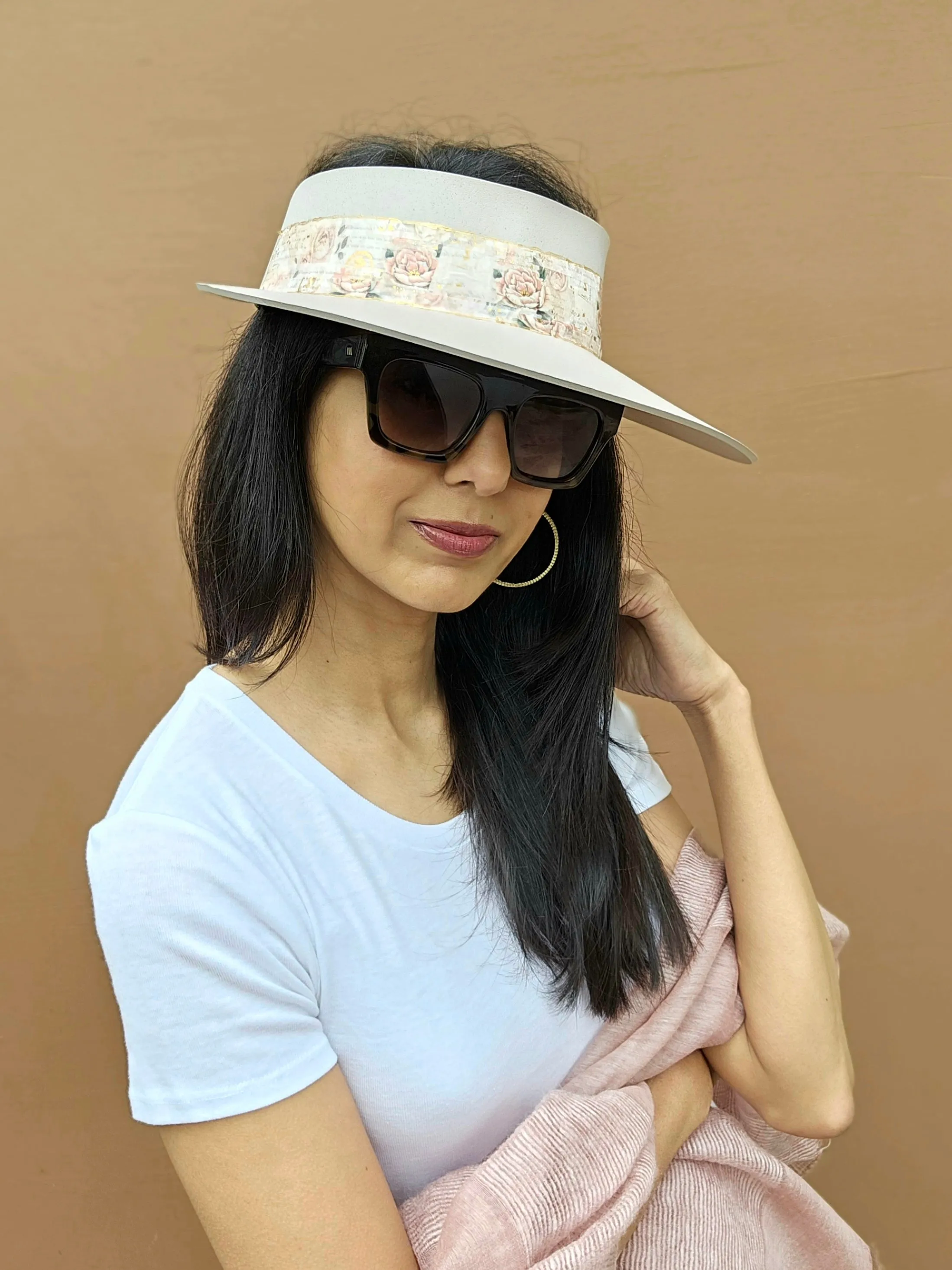 Tall Light Pink "LadyEVA" Visor Hat with Floral Band