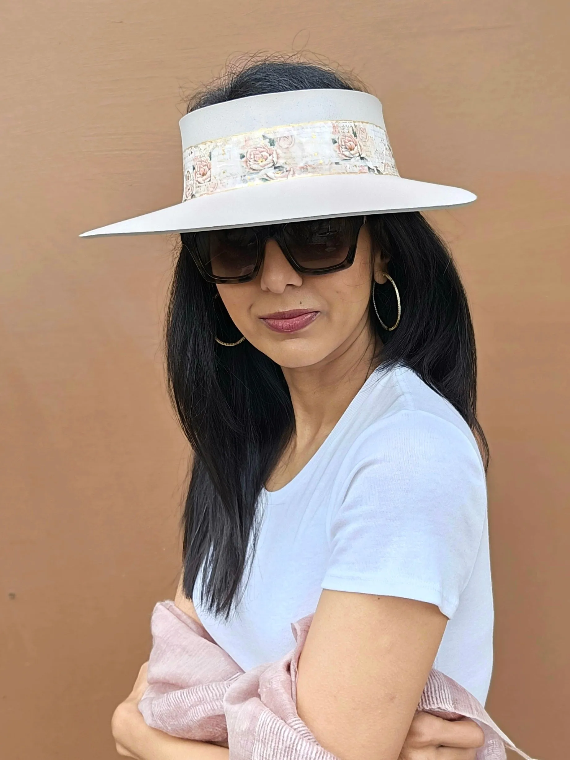 Tall Light Pink "LadyEVA" Visor Hat with Floral Band