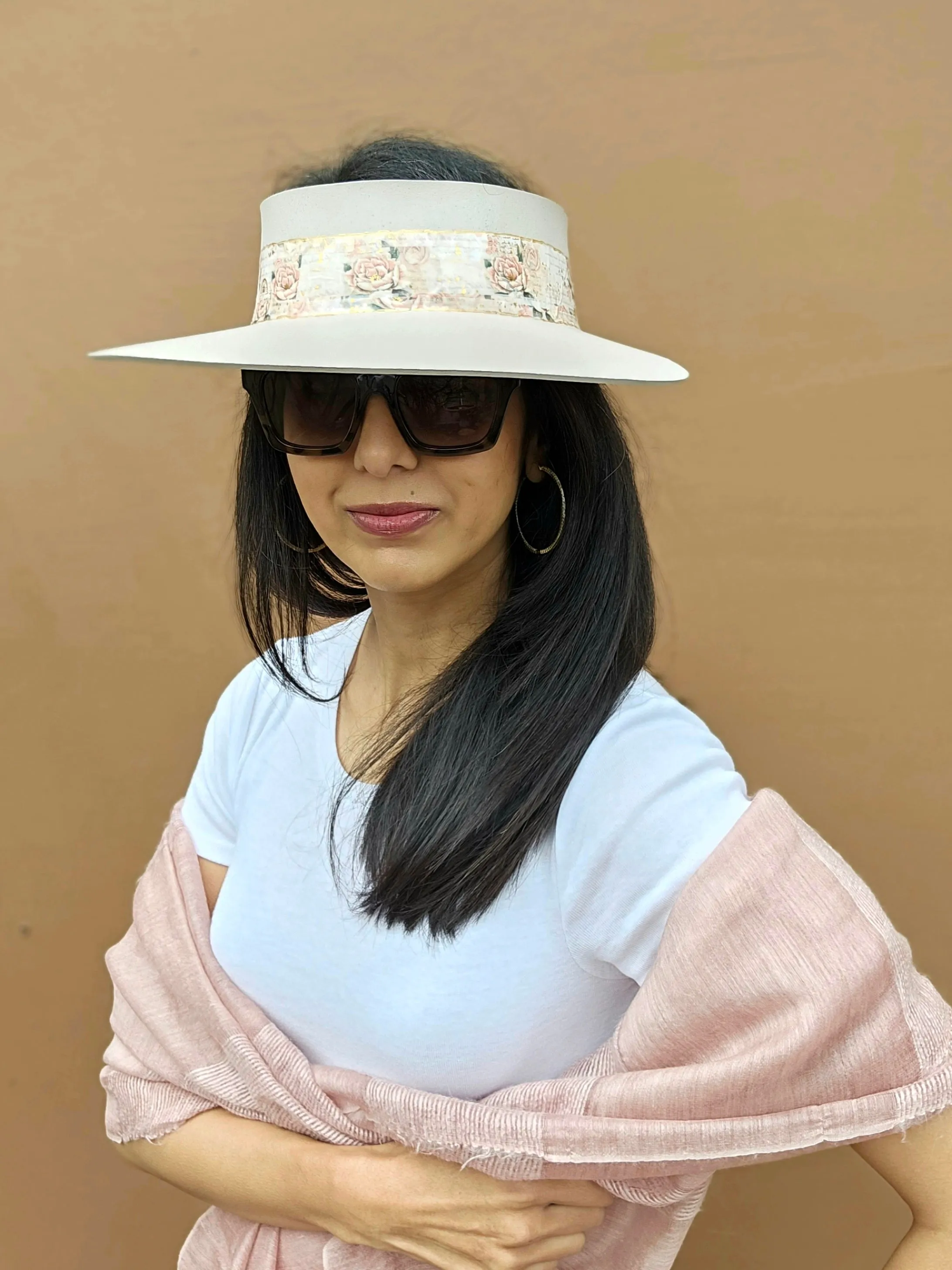 Tall Light Pink "LadyEVA" Visor Hat with Floral Band