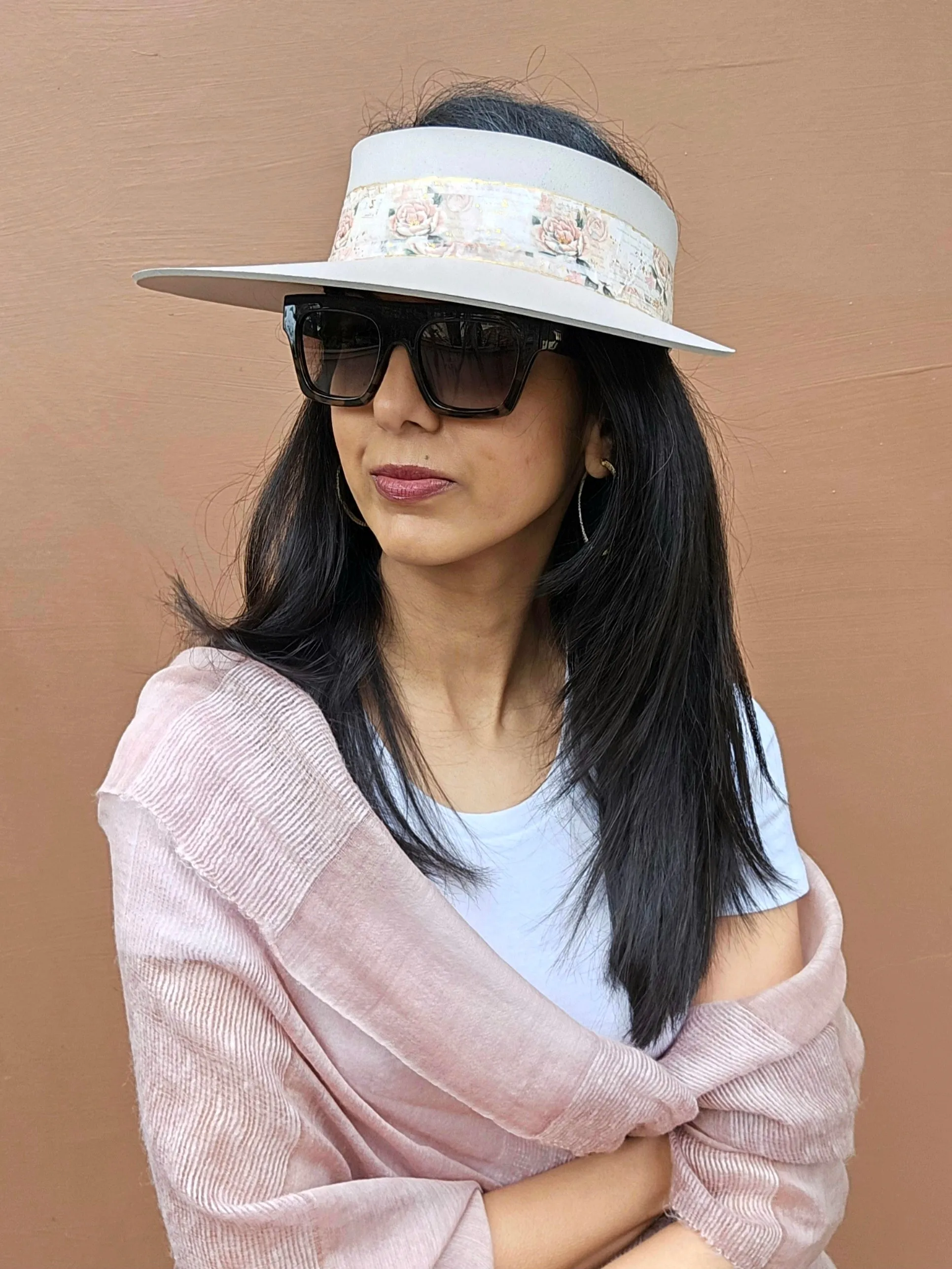 Tall Light Pink "LadyEVA" Visor Hat with Floral Band