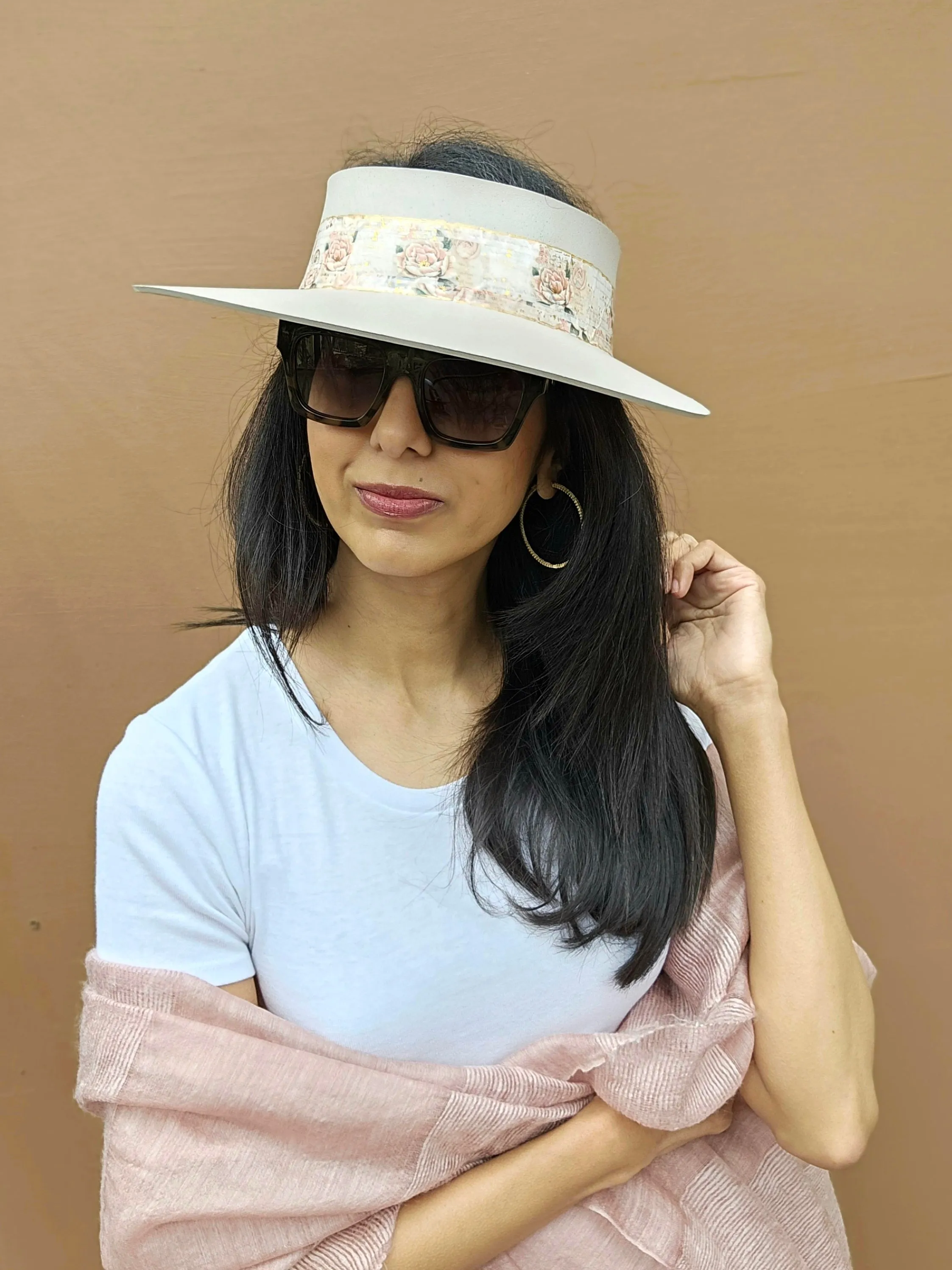 Tall Light Pink "LadyEVA" Visor Hat with Floral Band