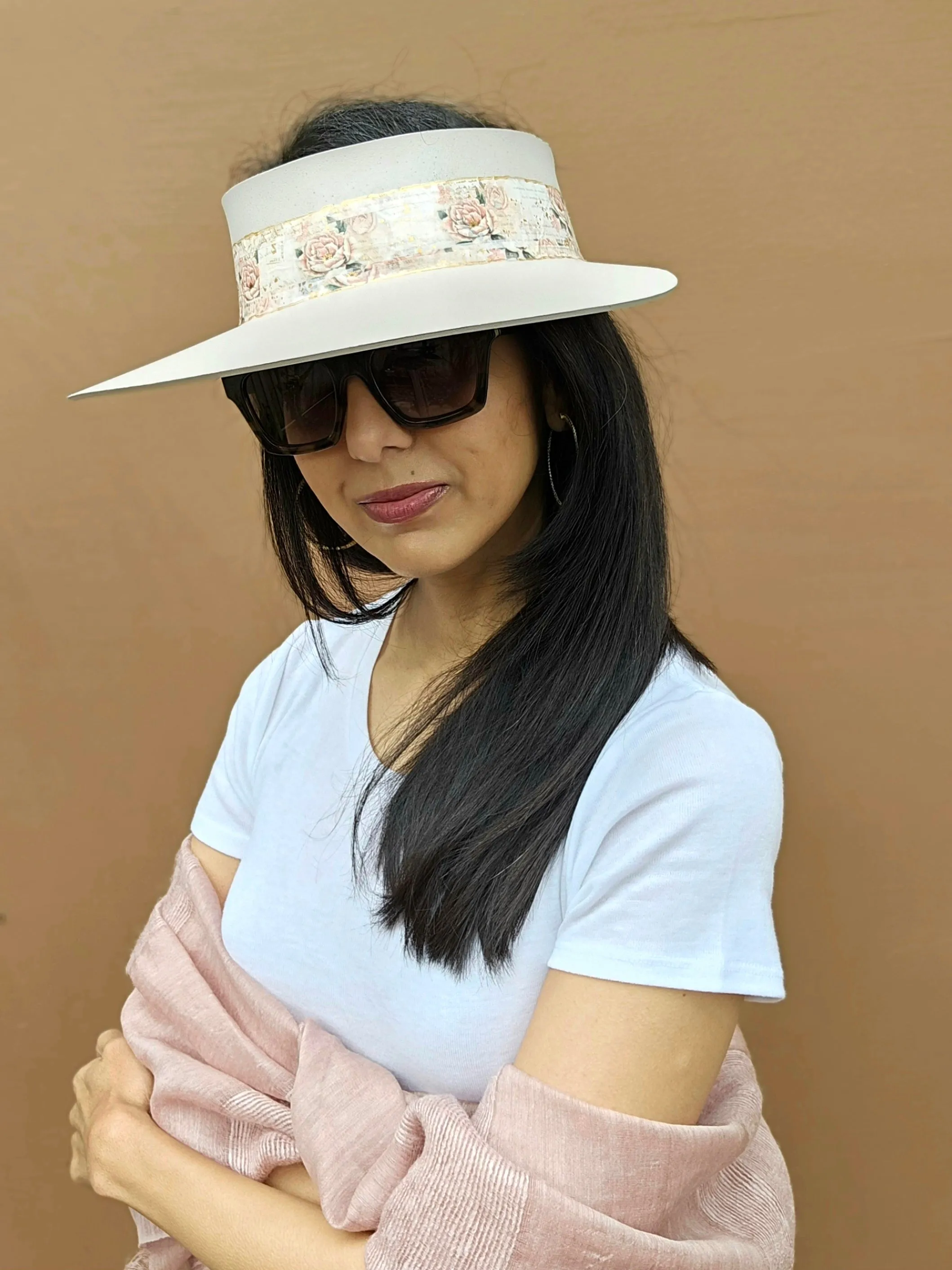 Tall Light Pink "LadyEVA" Visor Hat with Floral Band