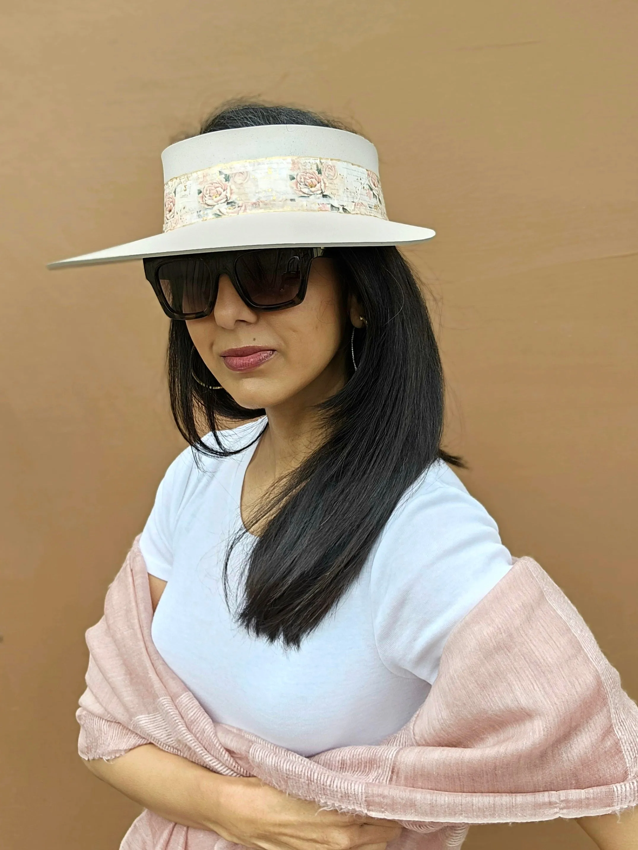 Tall Light Pink "LadyEVA" Visor Hat with Floral Band