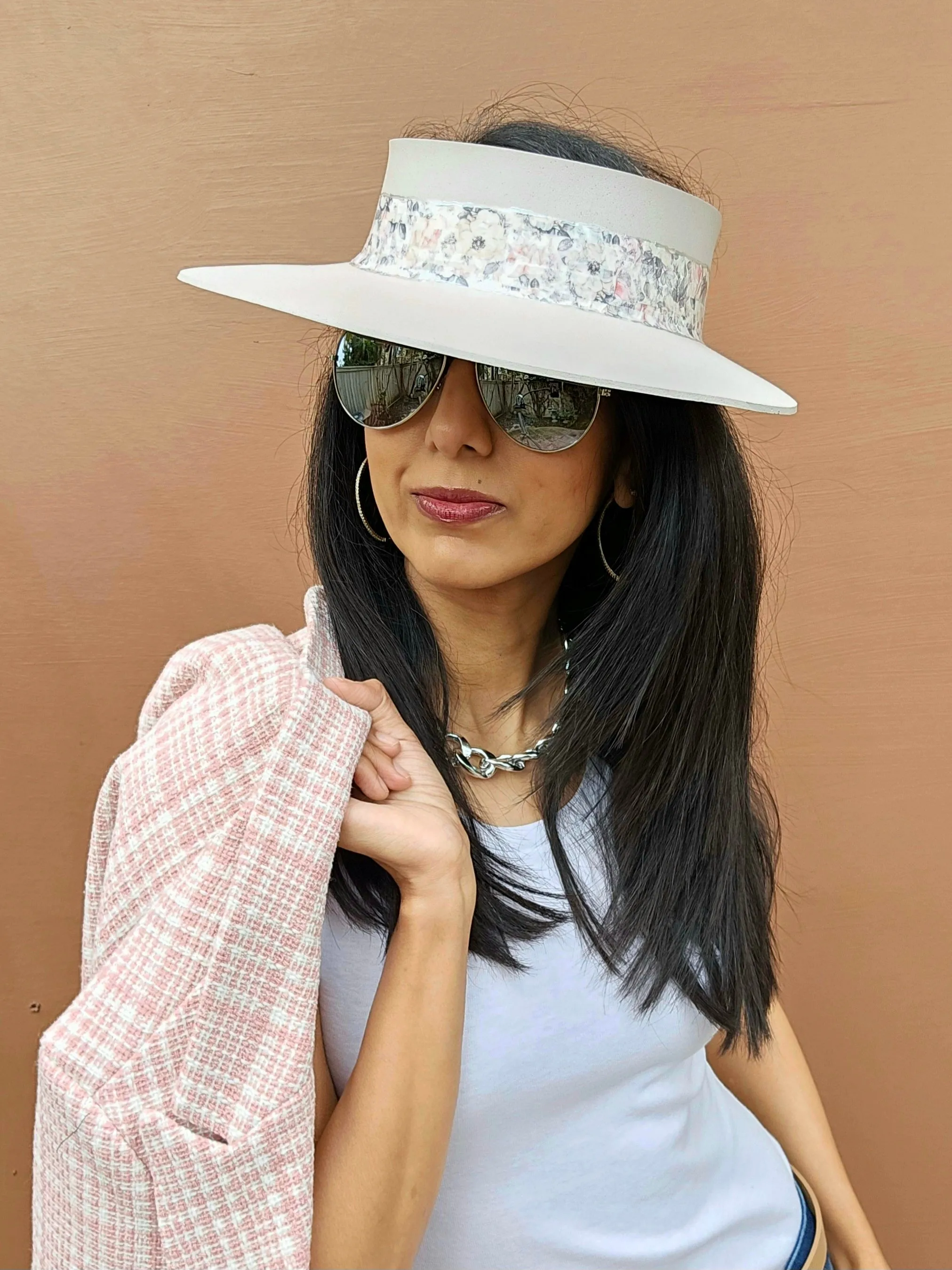 Tall Light Pink "LadyEVA" Visor Hat with Pink Floral Band