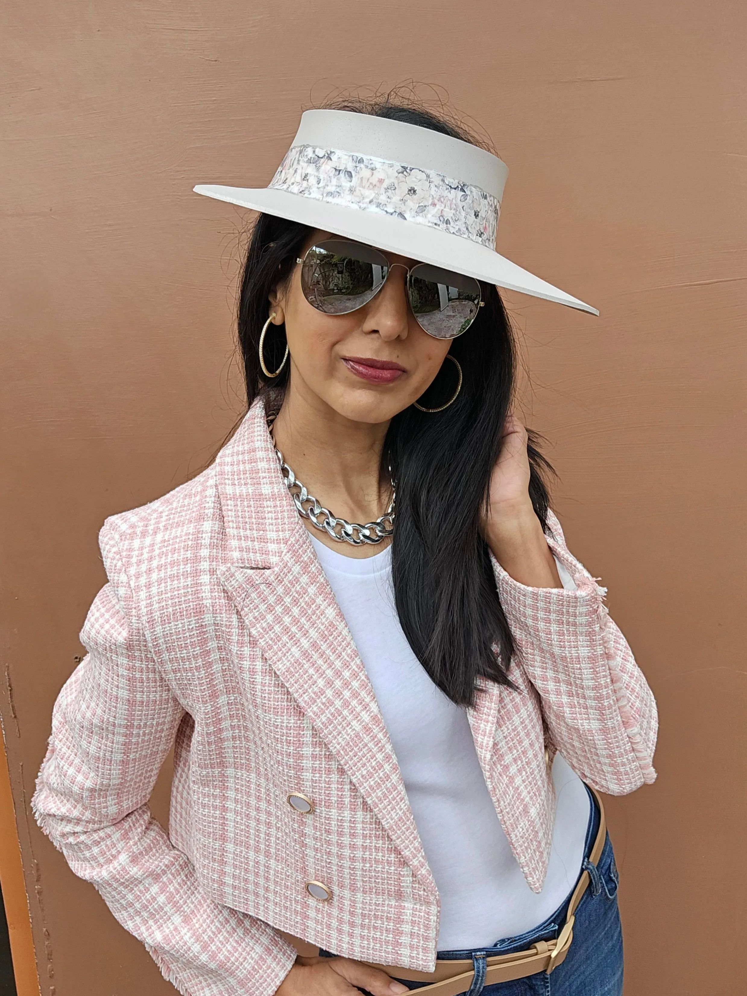 Tall Light Pink "LadyEVA" Visor Hat with Pink Floral Band