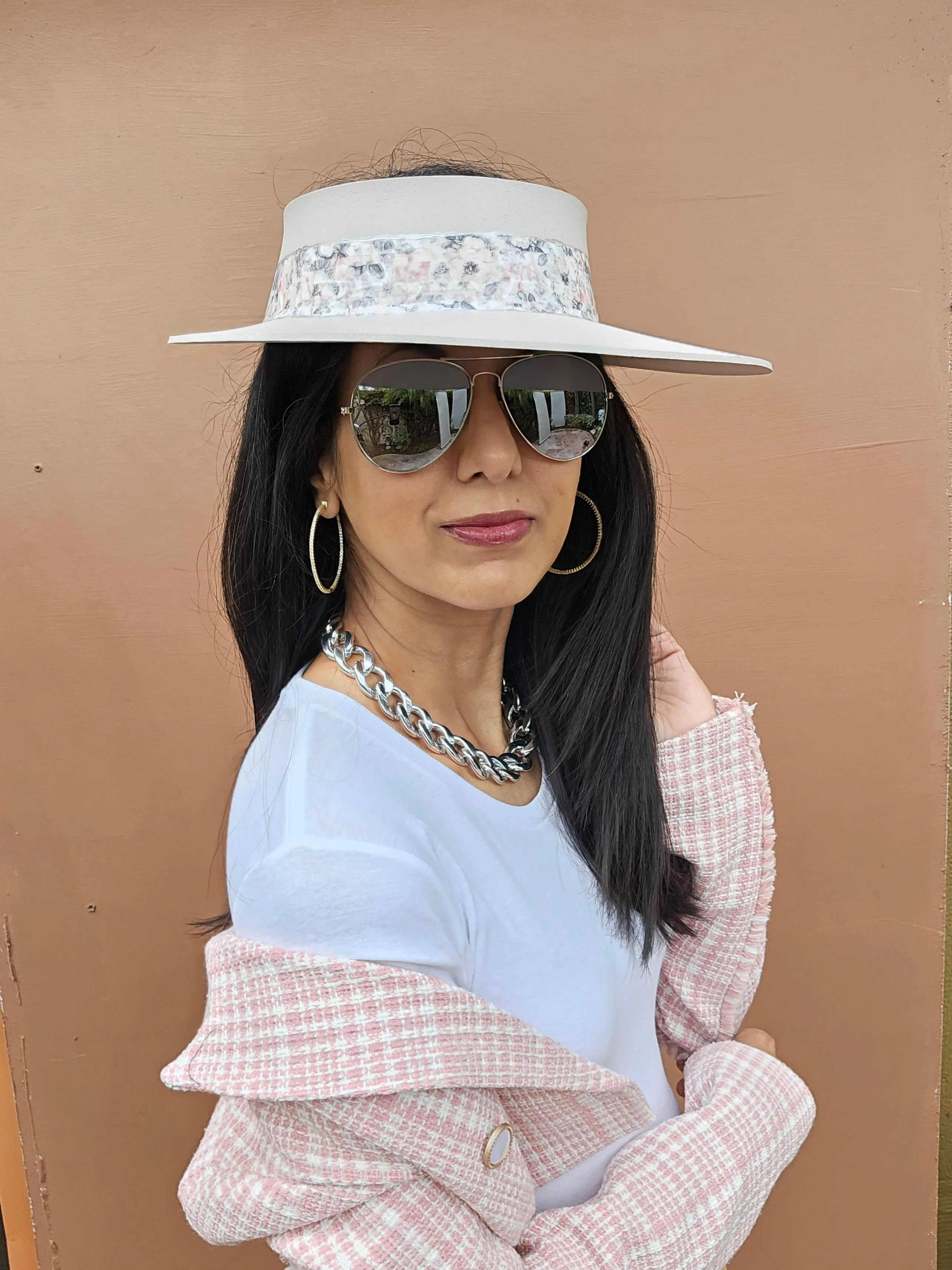 Tall Light Pink "LadyEVA" Visor Hat with Pink Floral Band